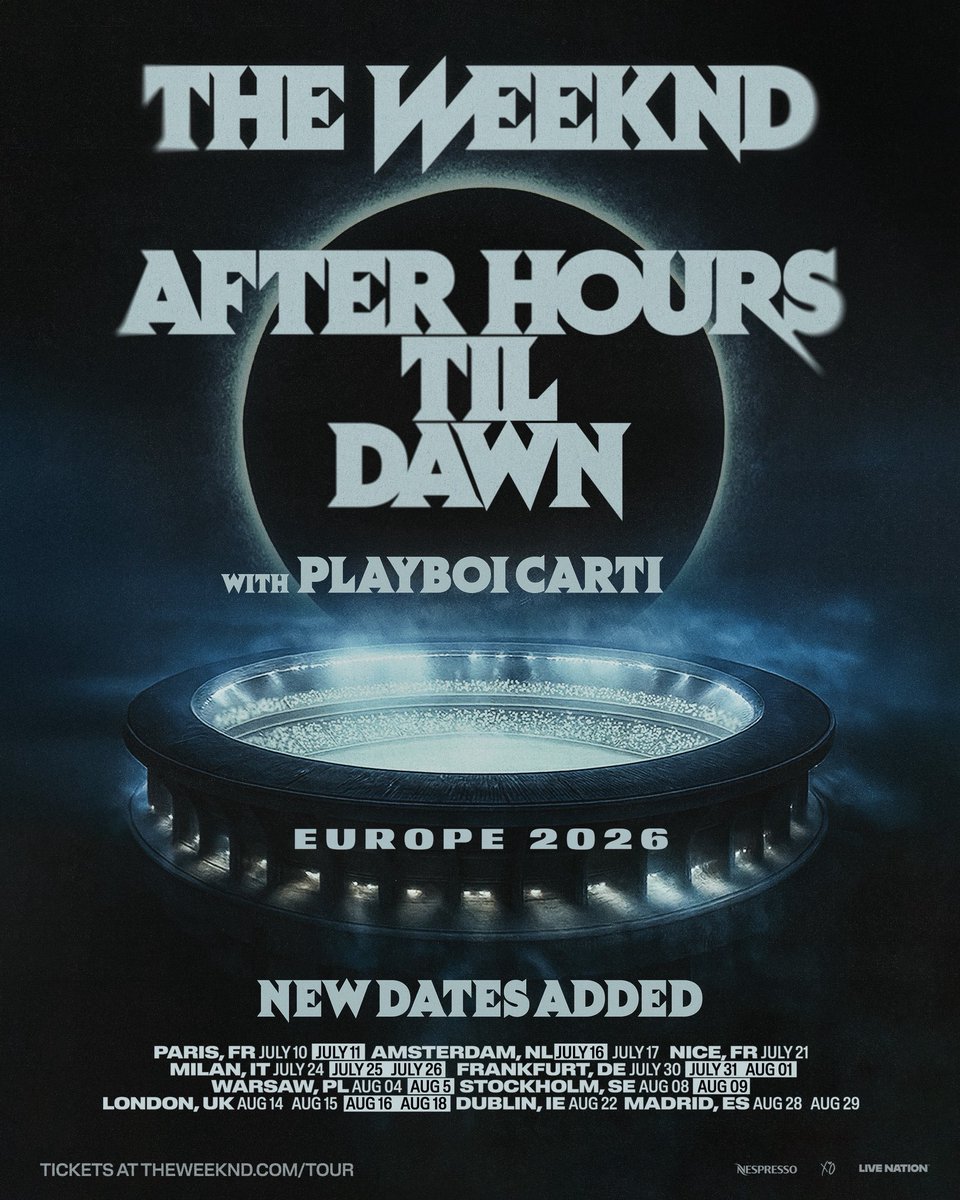 onsaleevent's tweet photo. @theweeknd ADDES MORE DATES
LINK> https://t.co/jHMdDkZDAM
#TheWeeknd #AfterHoursTilDawnTour #TheWeekndTour #TheWeekndPresale
#PresaleTickets #TheWeekndTickets
#TheWeekndEurope #TheWeekndSpain #TheWeekndMadrid
#MadridConcert #ConciertosEspaña
#EntradasTheWeeknd https://t.co/8NnvUYywJU