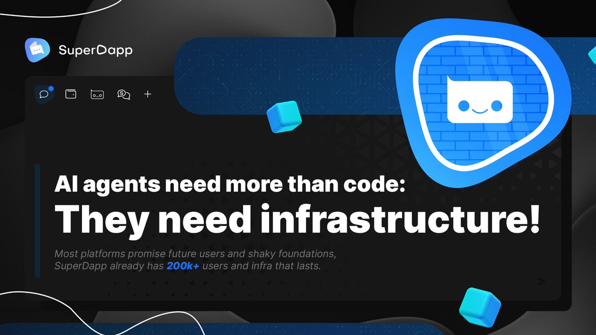 AI agents need more than code to succeed. 

They need infrastructure that won't disappear when market conditions change, users adapt their needs, or platforms shift priorities.

Here's why SuperDapp's foundation is built different, and why that matters to you (...) 👇