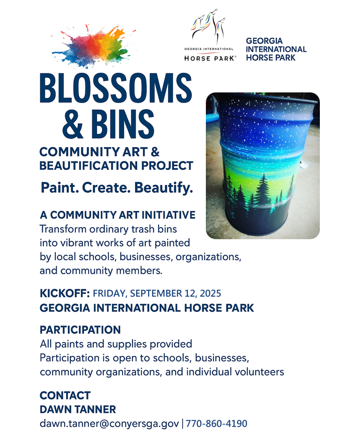 Blossoms &amp; Bins is here! Turning everyday trash bins at the Horse Park into colorful works of art created by YOU! A year-long community art project kicks off September 12 with Peachtree Academy students and continues with schools, businesses, community! dawn.tanner@conyersga.gov