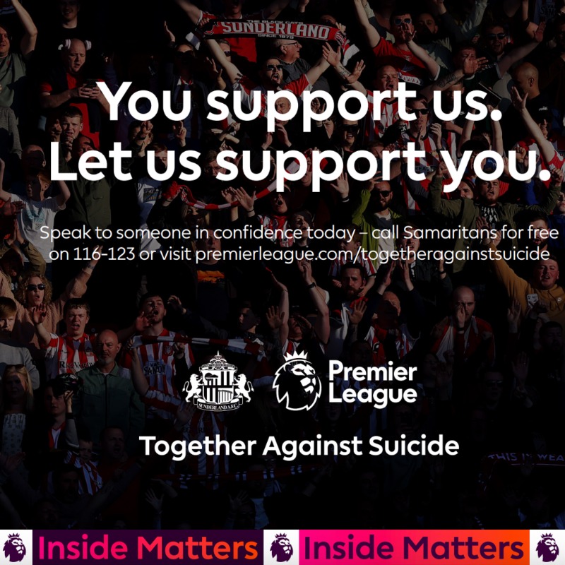 SunderlandAFC's tweet photo. Every 90 minutes, someone in the UK takes their own life.

Sunderland AFC and @PremierLeague are working with Samaritans to provide support for fans who need it most.

You support us, let us support you.

#TogetherAgainstSuicide