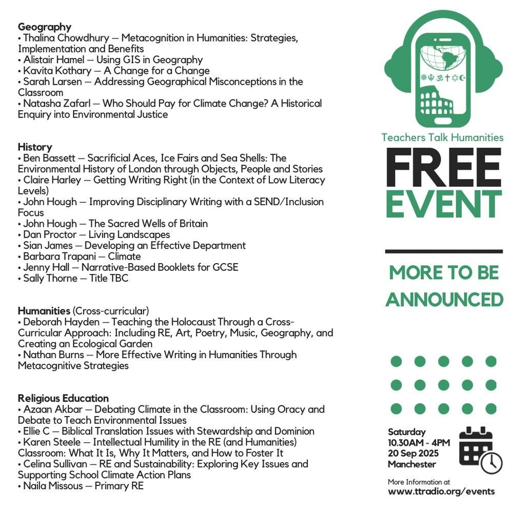 Calling all History, Geography and RS teachers - Teachers Talk Humanities!  Coming to you live and face to face in Manchester.  Expert teacher-speakers, networking and more - 10 days away. Saturday 20/09 - FREE tickets available here: eventbrite.com/e/teachers-tal…