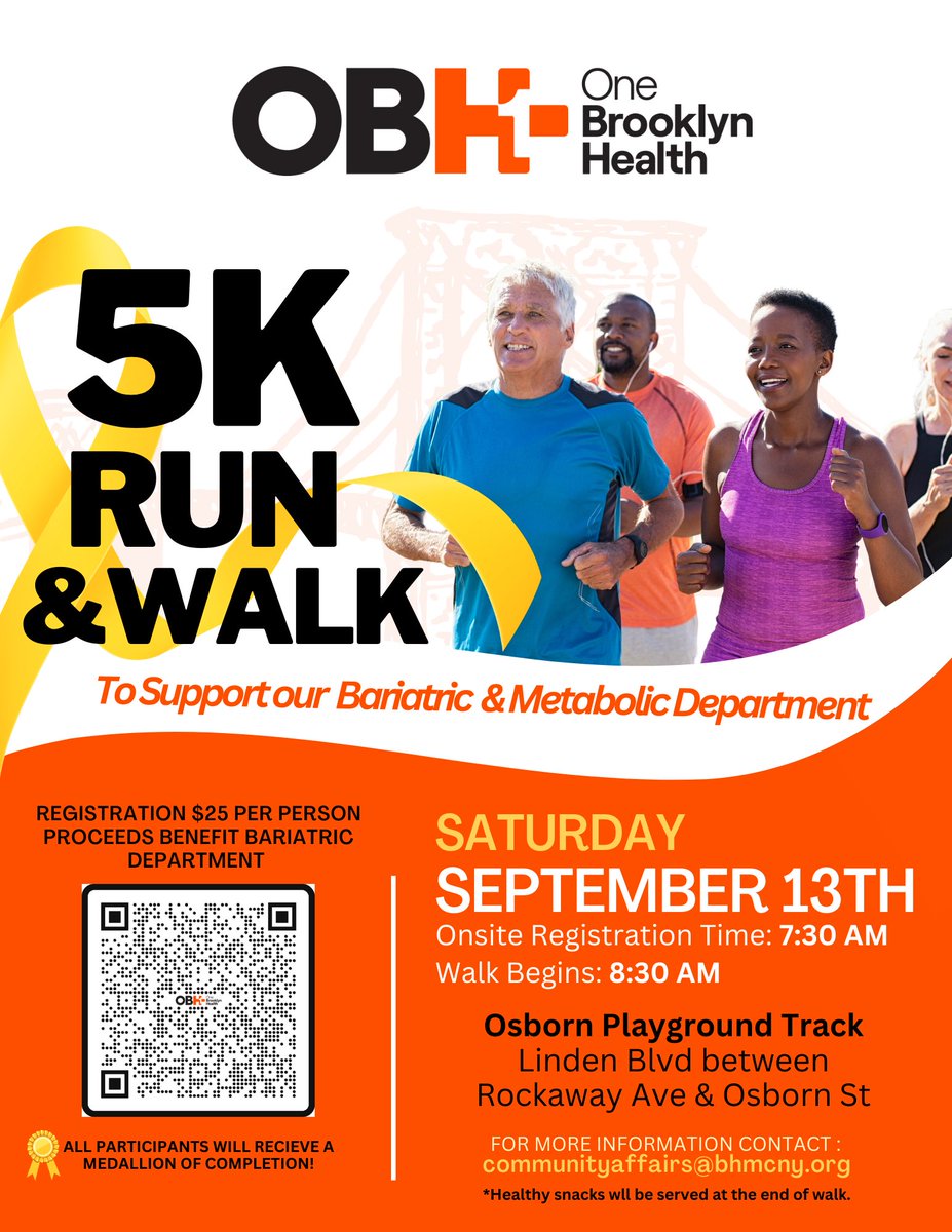 onebklynhealth's tweet photo. Lace up and join us for One Brooklyn Health’s 5K Run &amp; Walk in support of our Bariatric &amp; Metabolic Department!

📅 Saturday, September 13th
📍 Osborn Playground Track (Linden Blvd between Rockaway Ave &amp; Osborn St)

Let’s take steps toward better health—together. https://t.co/leMrIaKNHF