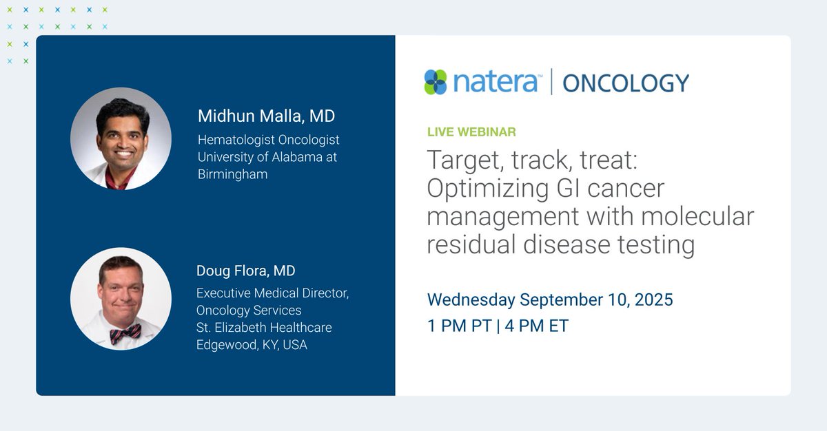 Natera (@nateragenetics) on Twitter photo There's still time to register for our webinar on the role of #ctDNA testing in GI cancer management.
<a href="/dougflora2/">Doug Flora MD, LSSBB</a> and <a href="/MallaMidhun/">Midhun Malla</a> will discuss MRD for risk stratification, treatment decisions, early relapse detection and more. 
Register today👉 ow.ly/Jh4e50WPIPb There's still time to register for our webinar on the role of #ctDNA testing in GI cancer management.
<a href="/dougflora2/">Doug Flora MD, LSSBB</a> and <a href="/MallaMidhun/">Midhun Malla</a> will discuss MRD for risk stratification, treatment decisions, early relapse detection and more. 
Register today👉 ow.ly/Jh4e50WPIPb