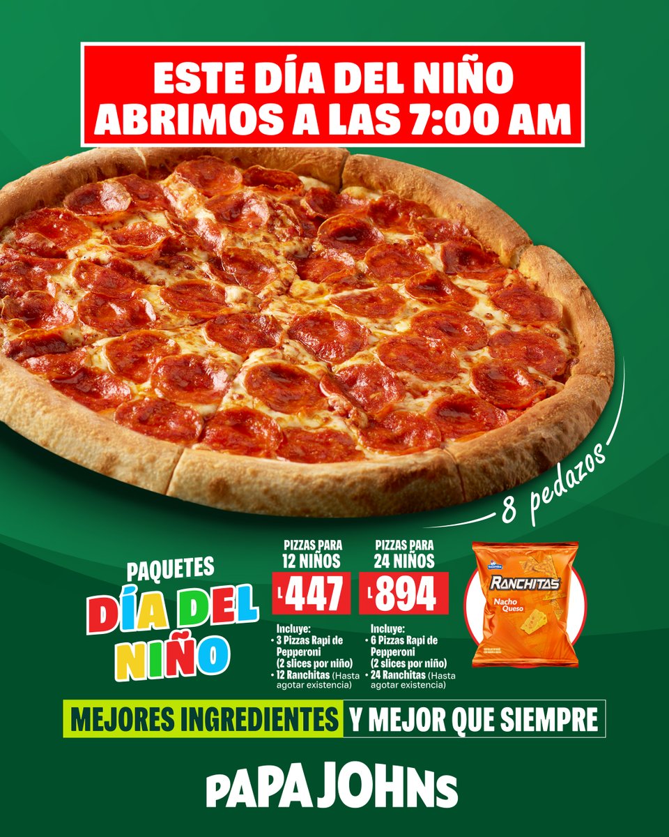 🎉 ¡Este Día del Niño se celebra con pizza! 🎉
 Este miércoles 10 abrimos desde las 7:00 AM para consentir a los peques 🍕✨

👦👧 ¡Diversión y sabor para todos!
Papa Johns – Mejores ingredientes, mejor que siempre.

#DíaDelNiño #PapaJohns #PizzaTime #MomentosFelices