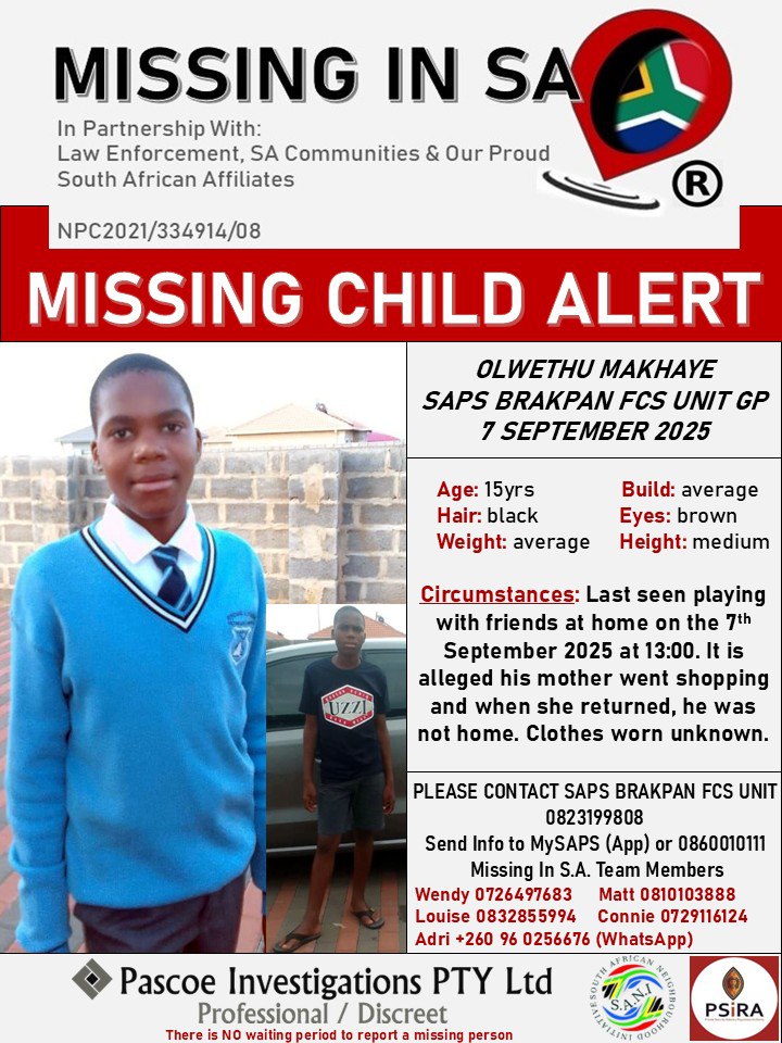 #helpbringolwethuhome
#missinginsa
#pascoeinvestigationsptyltd

MISSING CHILD ALERT: Olwethu Makhaye 15Yrs 7 September 2025. SAPS BRAKPAN FCS UNIT GP.
