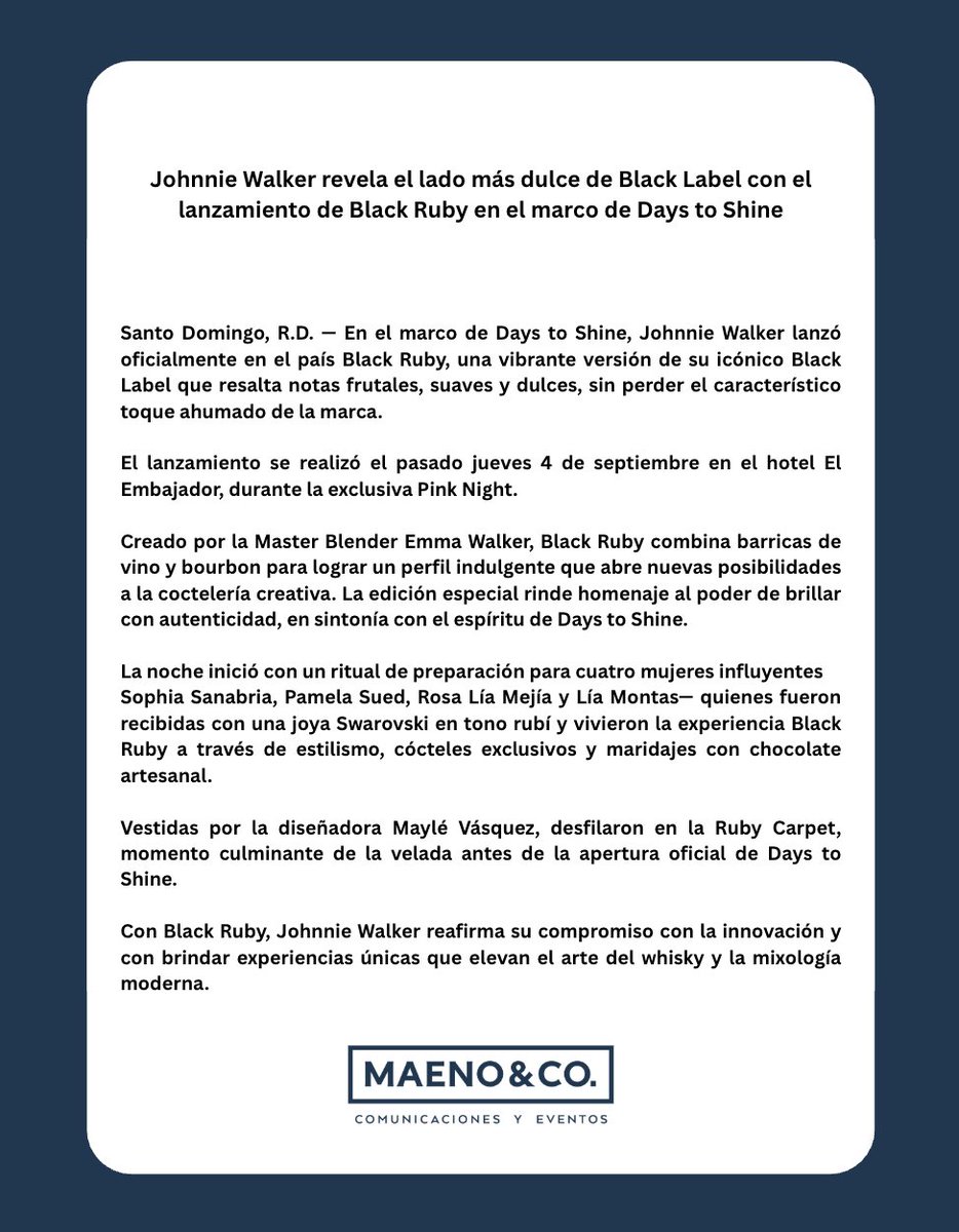 maenoco's tweet photo. Johnnie Walker revela el lado más dulce de Black Label con el lanzamiento de Black Ruby en el marco de Days to Shine

#Maenoco #JohnnieWalkerRuby https://t.co/WXSJNG7J7S