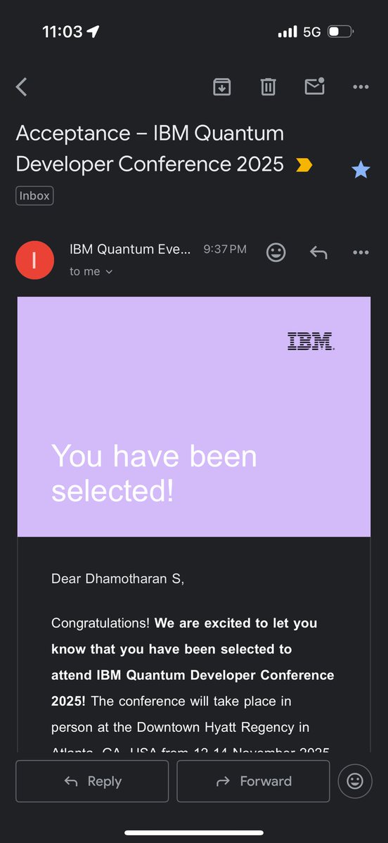 DHAMOTHARANS13's tweet image. Got into @IBM dev conf. Hopefully I get the US visitors Visa soon. 🥹

#Quantum #QuantumDeveloper #QuantumComputing