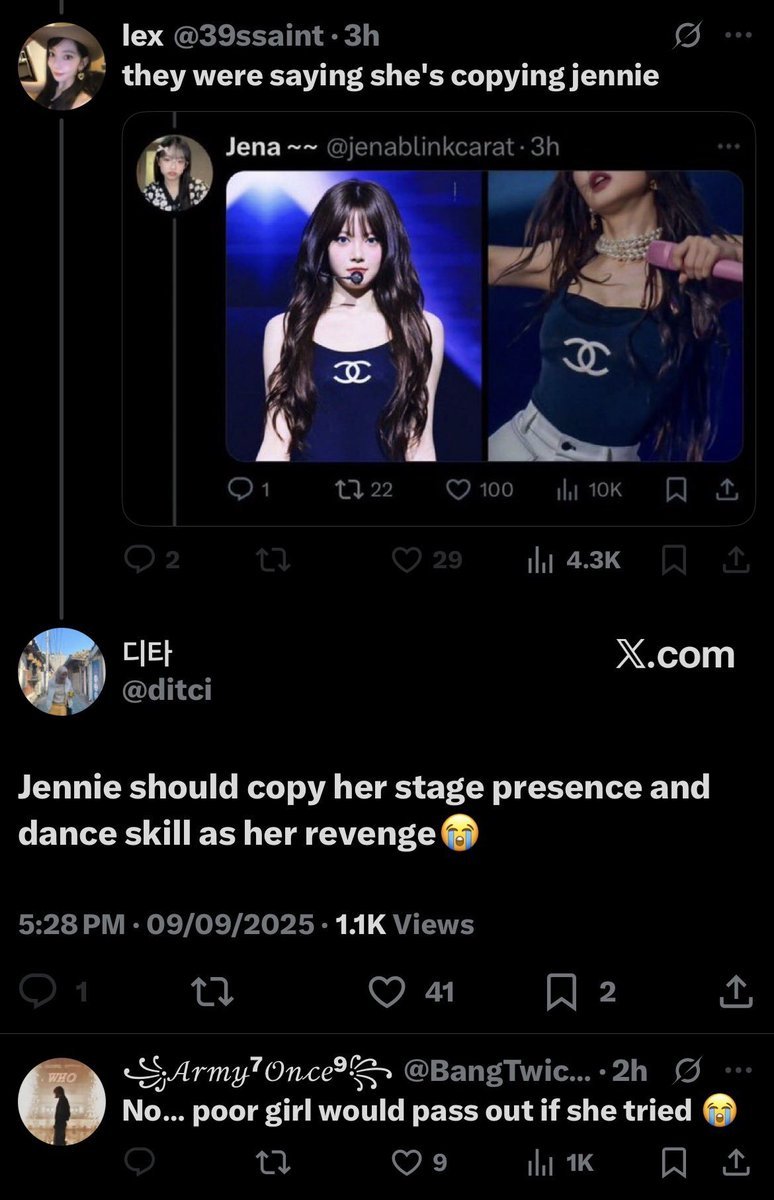 Jennie never got called a national embarrassment on national tv btw, maybe eunchae should try copying that instead.