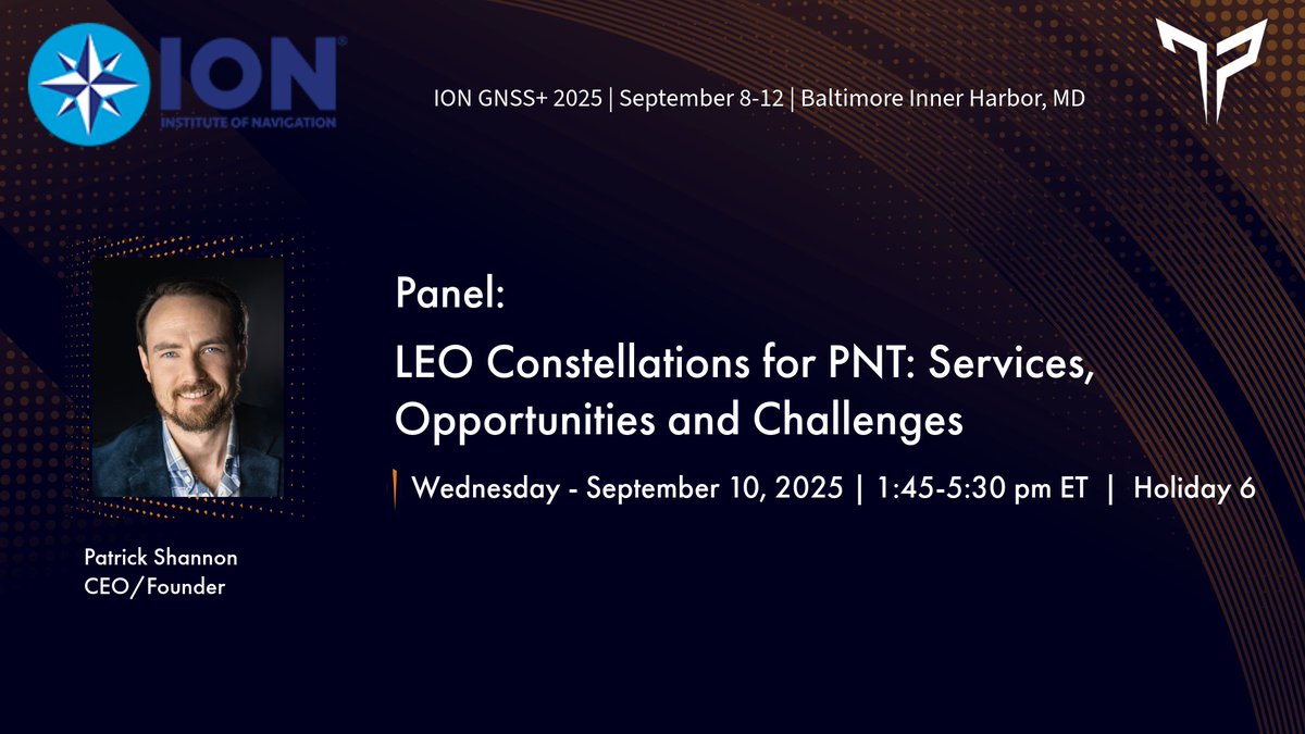 TrustPoint, Inc. (@trustpointgps) on Twitter photo Don’t miss Patrick Shannon, CEO/Founder of TrustPoint, at <a href="/ionavigation/">Inst of Navigation</a> GNSS+ 2025.
Panel: LEO Constellations for #PNT: Services, Opportunities and Challenges
🗓️ Sept 10 | 1:45–5:30pm ET
Our team will be on site, let’s connect!
#IONGNSS2025 #LEO #DefenseTech #jamming #GPS #GNSS Don’t miss Patrick Shannon, CEO/Founder of TrustPoint, at <a href="/ionavigation/">Inst of Navigation</a> GNSS+ 2025.
Panel: LEO Constellations for #PNT: Services, Opportunities and Challenges
🗓️ Sept 10 | 1:45–5:30pm ET
Our team will be on site, let’s connect!
#IONGNSS2025 #LEO #DefenseTech #jamming #GPS #GNSS