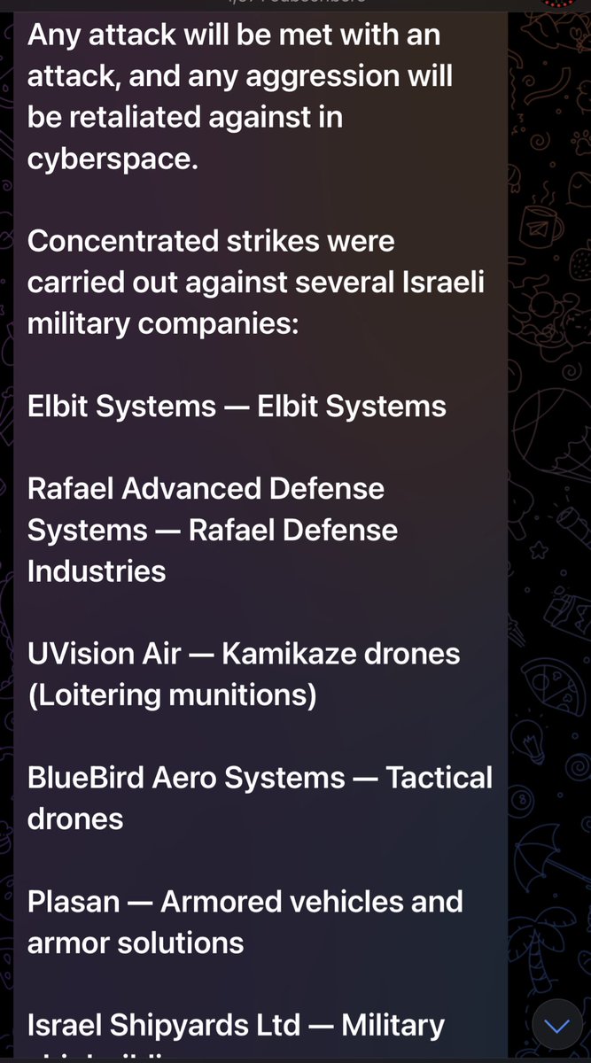 FalconFeedsio's tweet photo. ⚠️ Hacktivist group Mr.Hamza claims cyberattacks on Israeli defense firms in retaliation for Israel’s strike on Qatar.

Targets named:
•Elbit Systems
•Rafael Advanced Defense
•UVision Air
•BlueBird Aero
•Plasan
•Israel Shipyards
•Orbit Comm Systems https://t.co/FhmC32X6YH