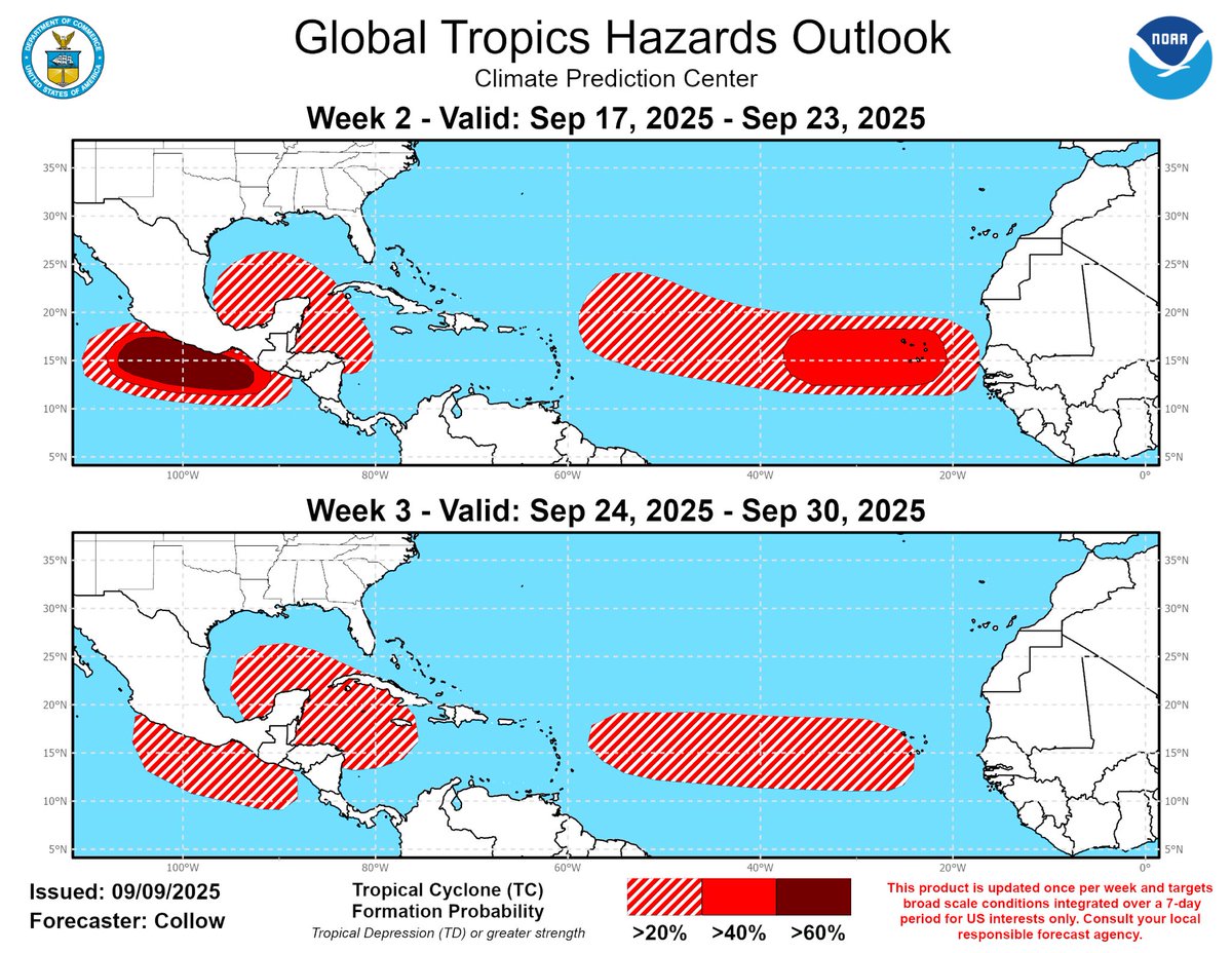 🟡NUEVA PUBLICACIÓN DEL CENTRO DE PREDICCIÓN CLIMÁTICA 

El Centro de Predicción Climática de NOAA ha publicado su pronóstico más reciente sobre la actividad ciclónica que se espera entre el 17-23 de septiembre y 24-30 de septiembre.

Pronostican sobre un 40% de probabilidades de