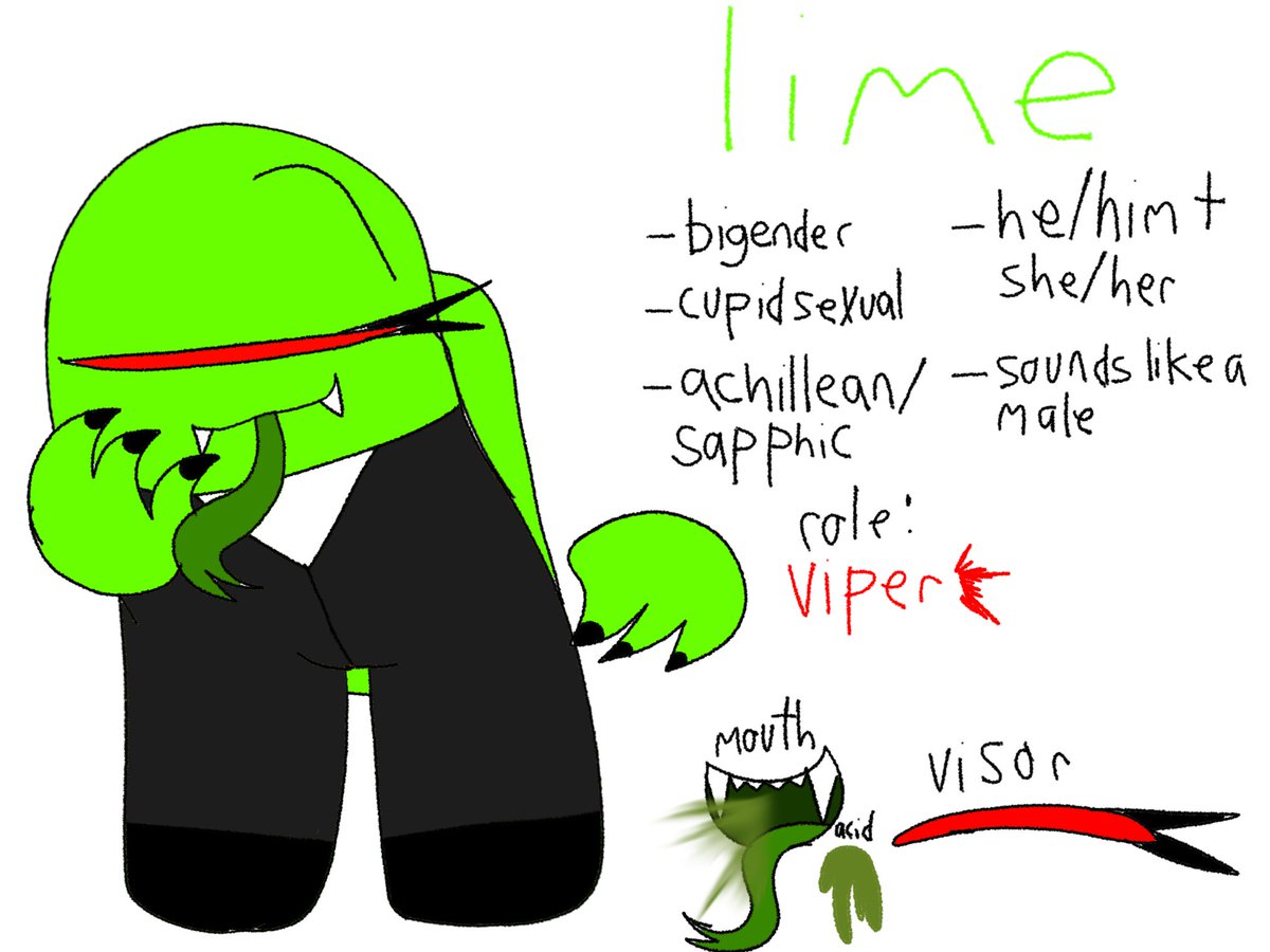 FuchsiaThePara's tweet photo. Made a new oc based off of the new imposter role

Fun fact about lime!, when he talks, acid spits out of her mouth, so she stays muted when it's his turn as the imposter, because she knows better then to get himself caught https://t.co/FcuYUvlIH4