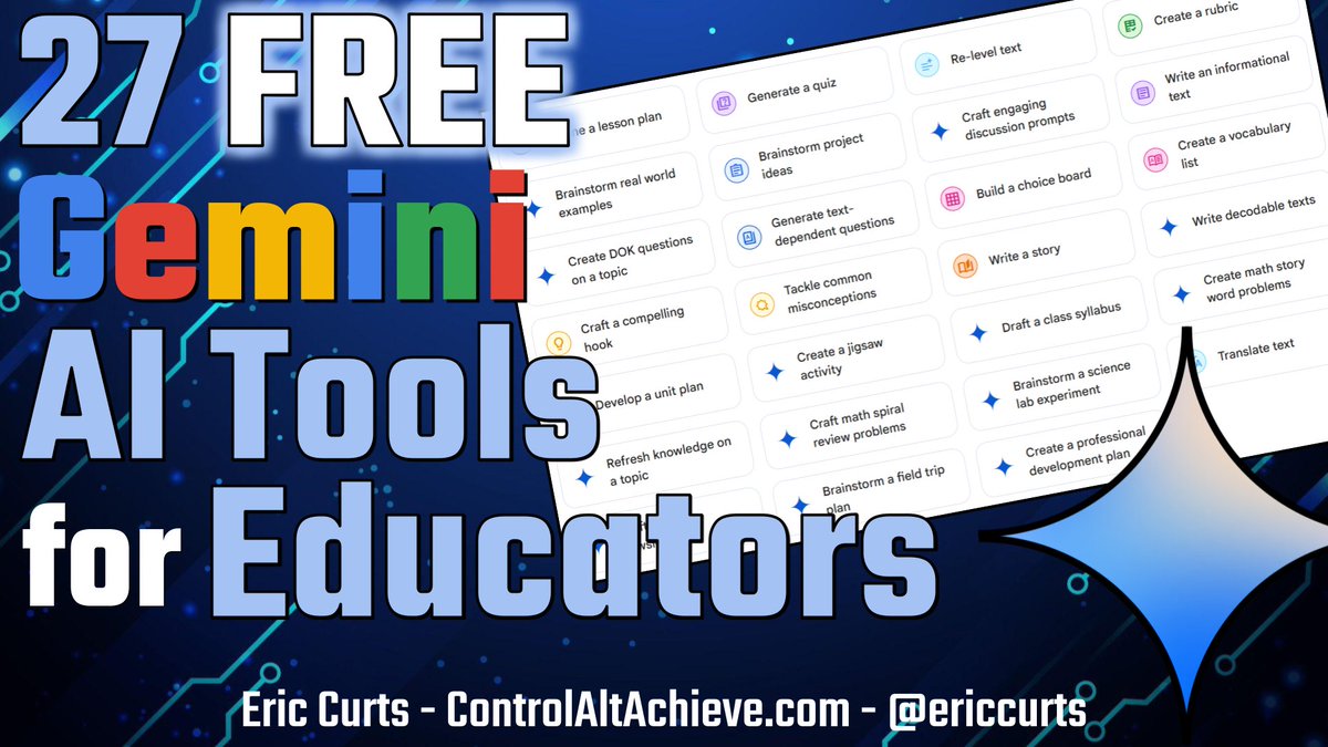 27 Free Gemini AI Tools for Educators - controlaltachieve.com/2025/09/27-fre…

🛠️ AI tools for planning, instructional support, assessments, student support, admin tasks &amp; more
🏫 Free for all educators
▶️ Demo video &amp; post with all the details

#edtech #GoogleEDU <a href="/GoogleForEdu/">Google for Education</a> <a href="/GeminiApp/">Google Gemini</a>