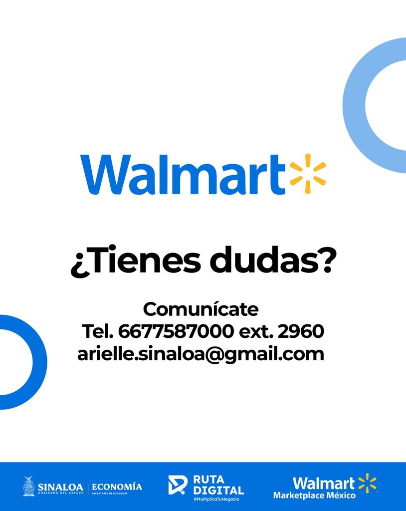 ¡Atención emprendedores y mipymes sinaloenses!
Esta es tu oportunidad de llevar tus productos a Walmart Marketplace 🛒

Comunícate al 667 758 7000 ext. 2960 o escribe a arielle.sinaloa@gmail.com

¡No dejes pasar esta oportunidad de crecer y llegar a más clientes en todo México!