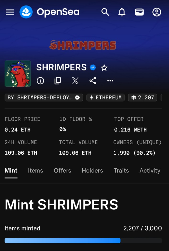 Shrimpers was <a href="/anoma/">Anoma</a> ’s first mint.
3,000 supply, 2,000 minted, floor over $1k.

Clear market validation.
If Shrimpers can perform like this, imagine the impact when $XAN launches.

Anoma is only getting started.
$XAN soon 😳
Gnoma ❤️