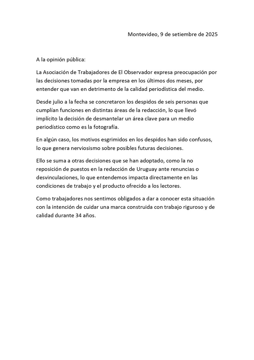 De los trabajadores de El Observador a la opinión pública