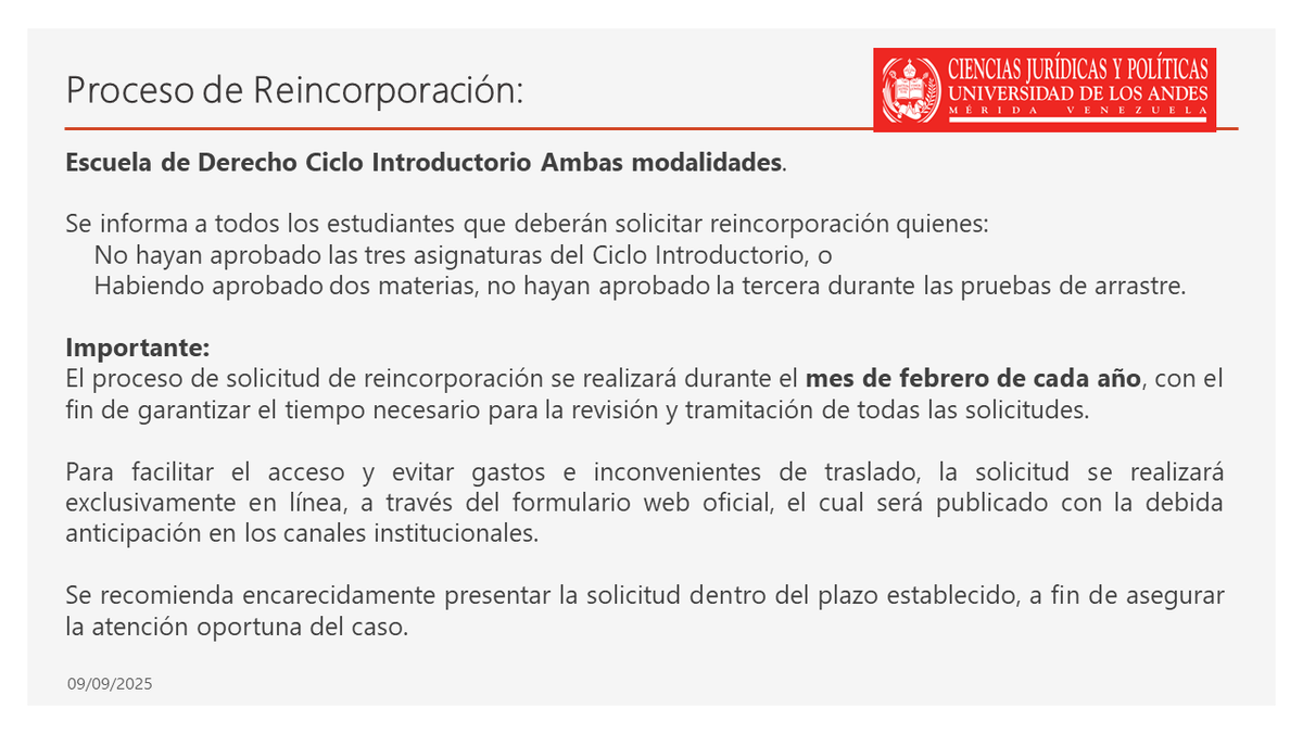 Proceso de Reincorporación: Escuela de Derecho Ciclo Introductorio Ambas modalidades.
Se informa a todos los estudiantes que deberán solicitar reincorporación quienes:
No hayan aprobado las tres asignaturas del Ciclo Introductorio, o
Habiendo aprobado dos materias, no hayan ...