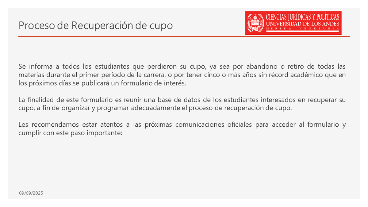 Proceso de Recuperación de cupo
Se informa a todos los estudiantes que perdieron su cupo, ya sea por abandono o retiro de todas las materias durante el primer período de la carrera, o por tener cinco o más años sin récord académico que en los próximos días...