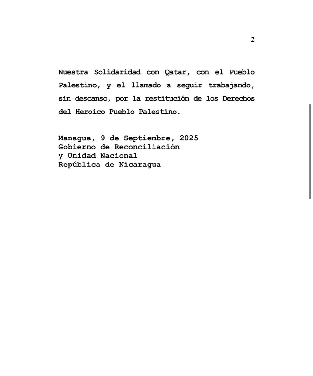 PLOMO1979 (@plomo19792) on Twitter photo ❗️Comunicado del Gobierno de #Nicaragua, rechazando y condenando el ataque del Estado de #Israel contra instalaciones en Doha, Estado de #Qatar.
<a href="/VivaNicaragua13/">Viva Nicaragua</a> <a href="/el19digital/">El 19 Digital</a> <a href="/Canal2Nicaragua/">Canal 2</a> <a href="/Canal4Ni/">Canal 4 Nicaragua</a> <a href="/canaltn8/">TN8 Nicaragua</a> <a href="/db_nicaragua/">BARRICADA - Nicaragua</a> <a href="/nuevaya/">La Nueva Radio YA</a> <a href="/teleSURtv/">teleSUR TV</a> <a href="/ActualidadRT/">RT en Español</a> ❗️Comunicado del Gobierno de #Nicaragua, rechazando y condenando el ataque del Estado de #Israel contra instalaciones en Doha, Estado de #Qatar.
<a href="/VivaNicaragua13/">Viva Nicaragua</a> <a href="/el19digital/">El 19 Digital</a> <a href="/Canal2Nicaragua/">Canal 2</a> <a href="/Canal4Ni/">Canal 4 Nicaragua</a> <a href="/canaltn8/">TN8 Nicaragua</a> <a href="/db_nicaragua/">BARRICADA - Nicaragua</a> <a href="/nuevaya/">La Nueva Radio YA</a> <a href="/teleSURtv/">teleSUR TV</a> <a href="/ActualidadRT/">RT en Español</a>