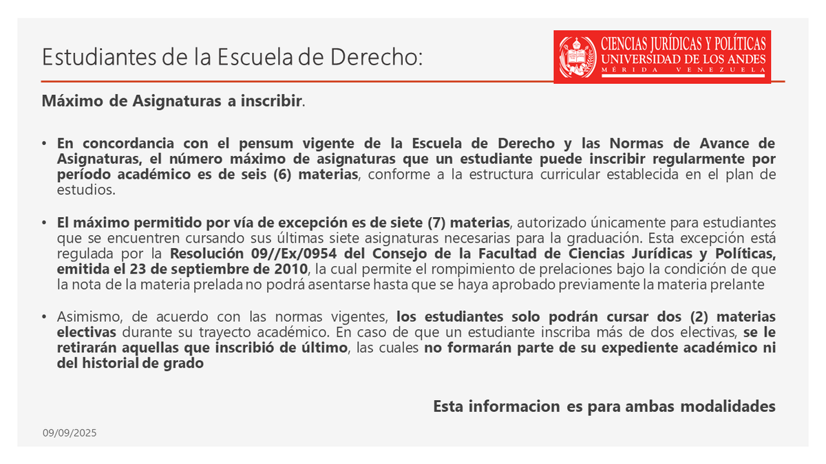 En concordancia con el pensum vigente de la Escuela de Derecho y las Normas de Avance de Asignaturas, el número máximo de asignaturas que un estudiante puede inscribir regularmente por período académico es de seis (6) materias, conforme a la estructura curricular establecida en..