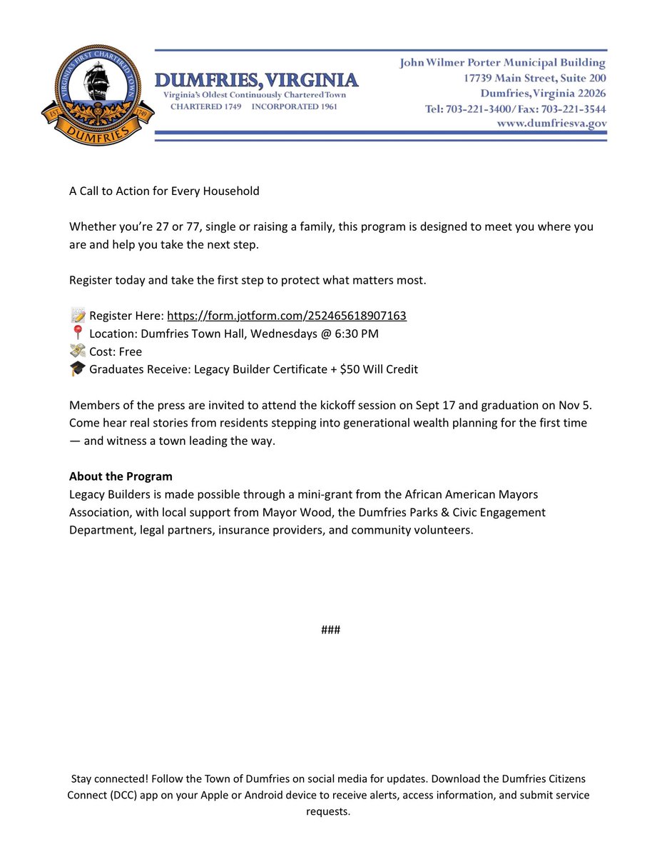 📢 Protect your family. Build your future.
Join the FREE 8-Week Legacy Builders Estate Planning Series in Dumfries! 🏛️
Sept 17–Oct 29 | Wed, 6:30–8 PM
✅ Wills ✅ Trusts ✅ Insurance
•$50 toward your will!
Register 👉 form.jotform.com/252465618907163