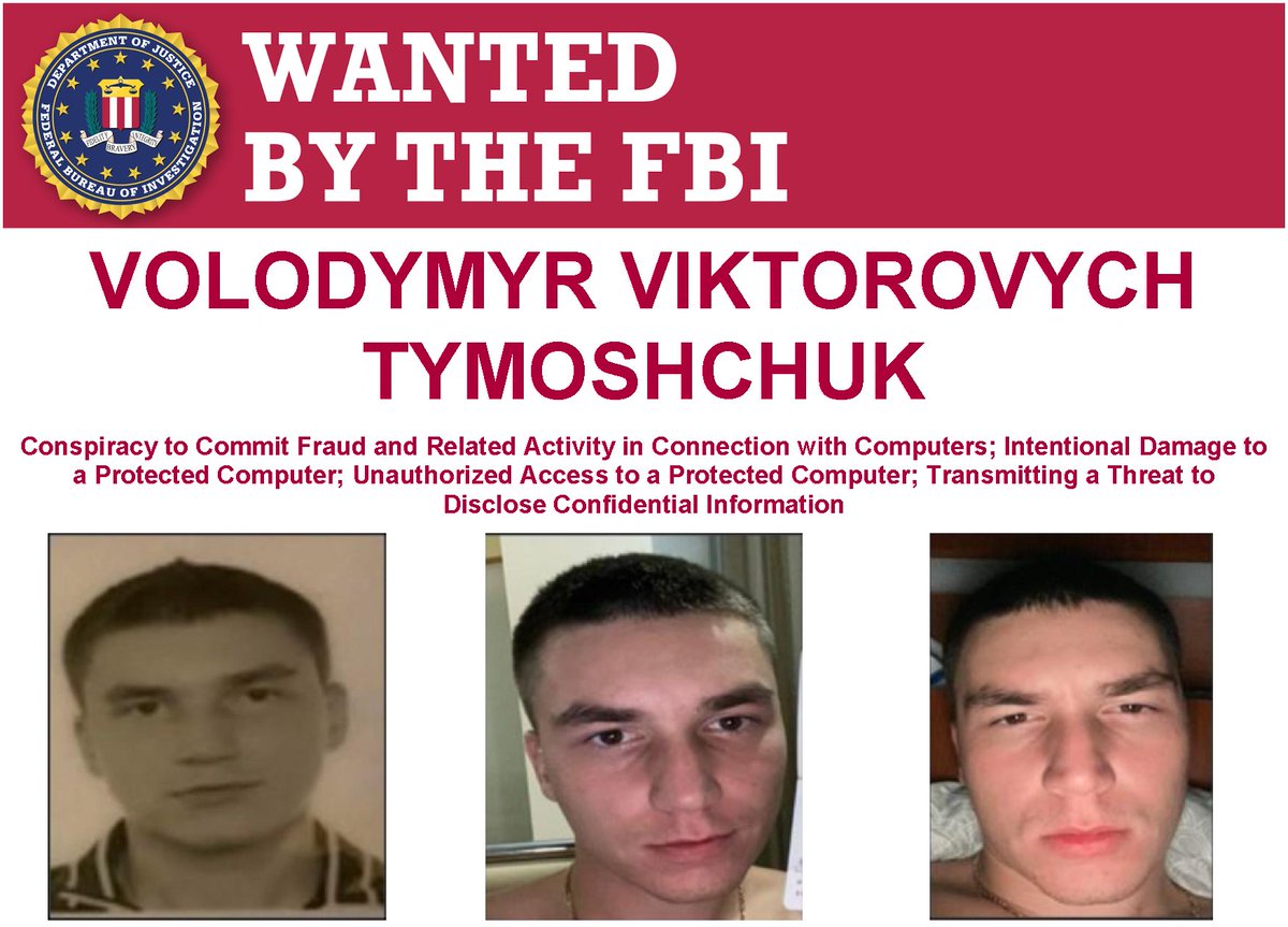 FBI's tweet image. Today, @TheJusticeDept announced charges against Volodymyr Viktorovich Tymoshchuk, a serial ransomware criminal who targeted hundreds of companies in the U.S. and around the globe. These attacks caused millions of dollars in losses, which included damage to victim computer…