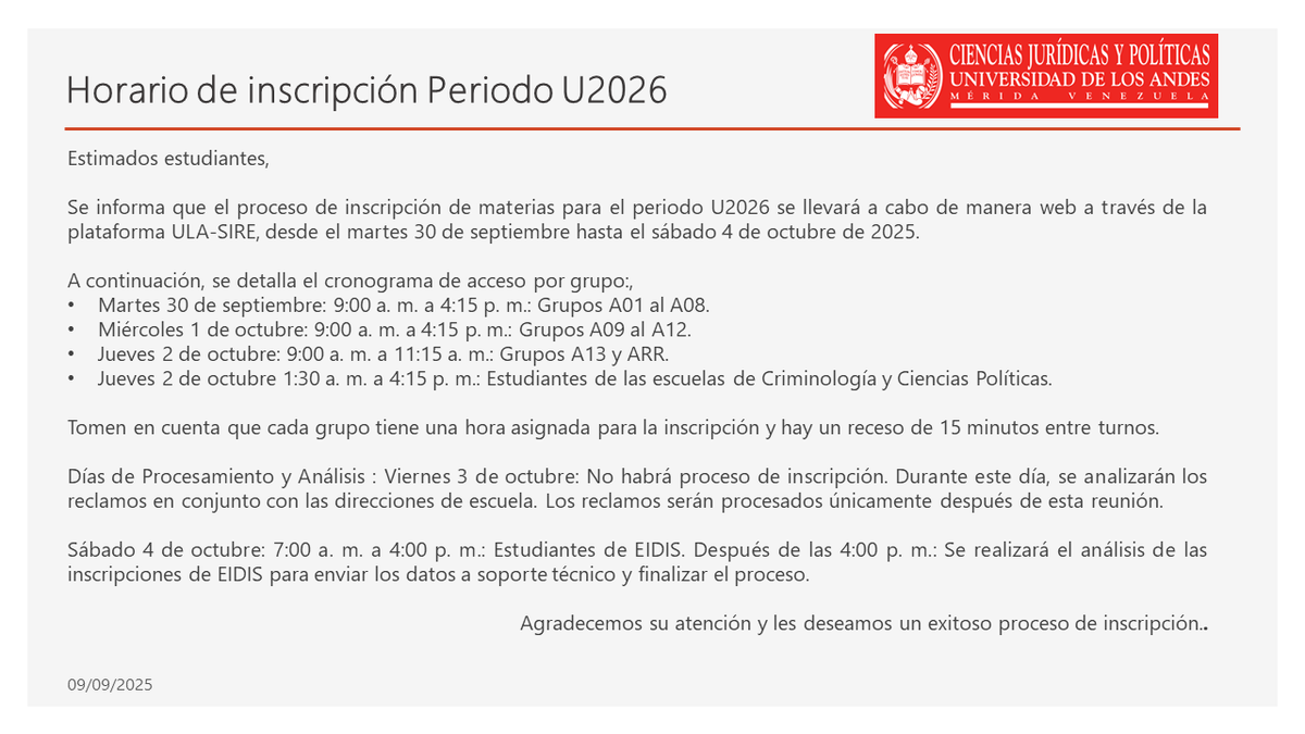 Horario de inscripción Periodo U2026