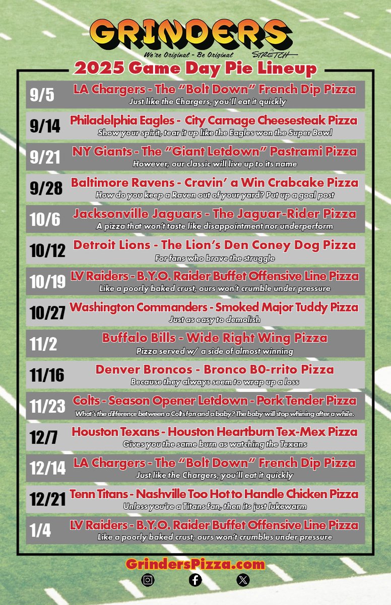 Football is a special time of year in KC so we got these specials pies for every Chiefs game day this season.
This week is redemption time! Enjoy watching those birds get squawked while chowing down on a scrumptious Philly pizza. Victory will taste sooo good.
