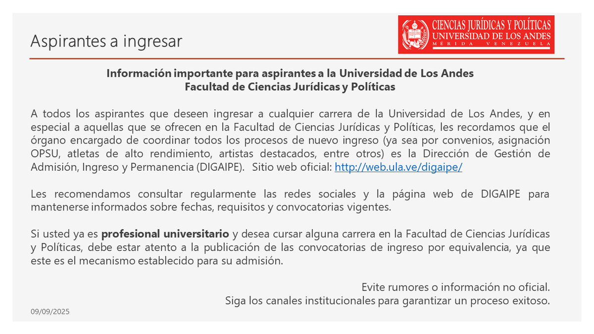 Información importante para aspirantes a la Universidad de Los Andes
Facultad de Ciencias Jurídicas y Políticas