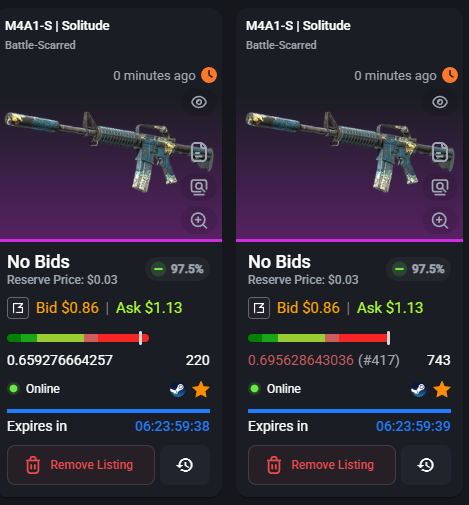 selling these 2 M4A1-S | Solitude
Battle-Scarred on csfloat to the highest bidder!

ends in a week with a reverse price of just 3 cents i wonder how this will end 😬

csfloat.com/item/885617556…
csfloat.com/item/885617557…