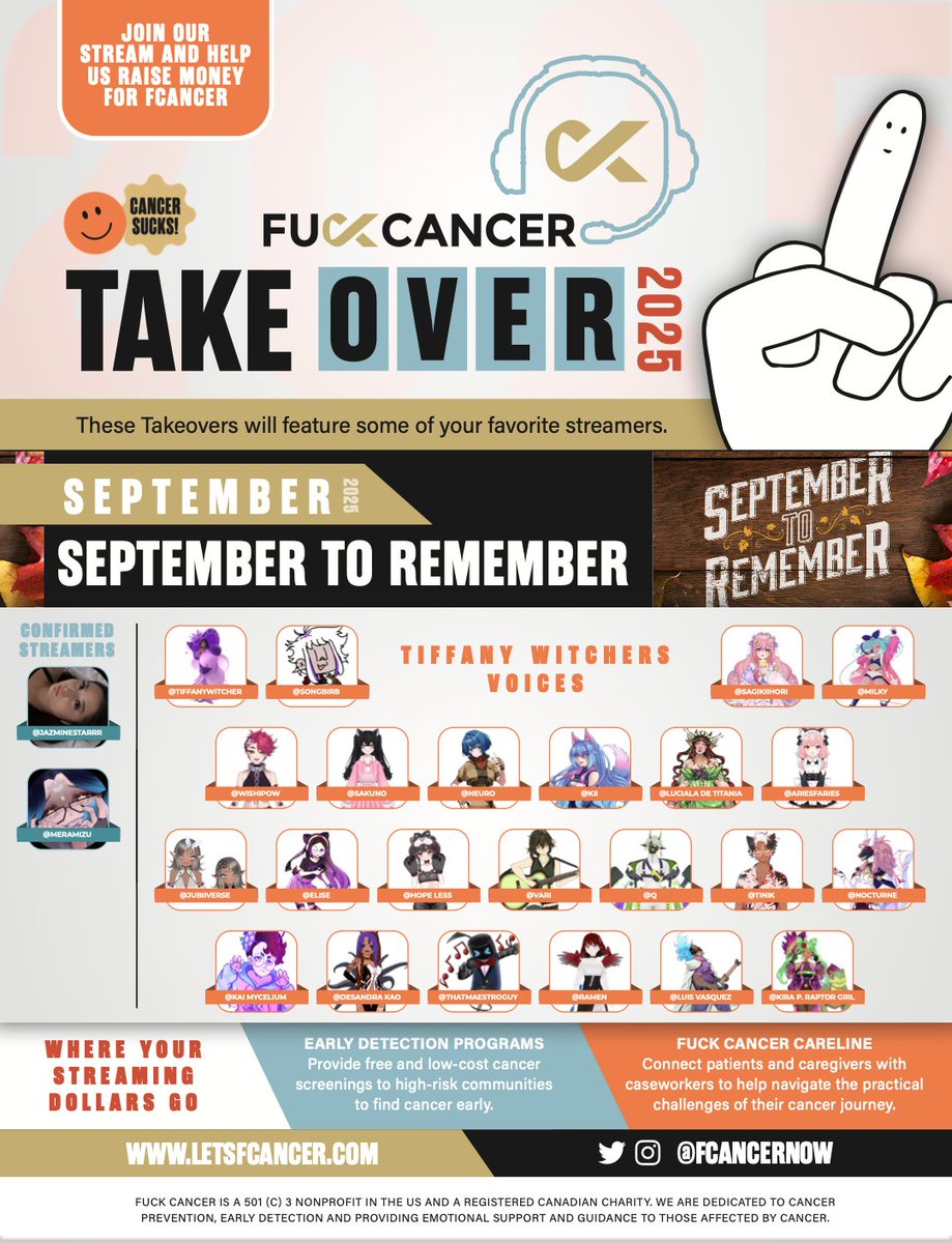 Our FCancer September Takeover line up is live and we are so ready for this epic stream! Join <a href="/TiffanyWitcher/">Tiffany the Charity Witch on Twitch!</a> and her incredible team + <a href="/meramizu/">Mera Mizu 🐟✨ Vtuber</a> / <a href="/jazminestarrr/">jazmine˚⁠☆˳⁠°</a> for an amazing weekend! 

tiltify.com/f-cancer/fcanc…