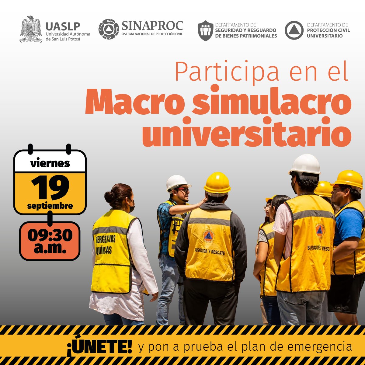 ⚠️ Comunidad #UASLP: 
¡Participa en el Macro simulacro universitario! únete y pon a prueba el plan de emergencia. 

🟡 Viernes 19 de septiembre, 9:30 a.m.
