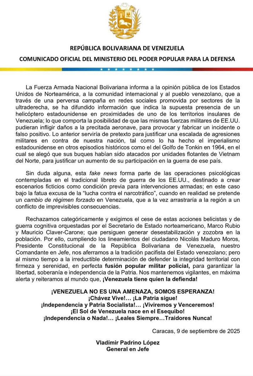 PLOMO1979 (@plomo19792) on Twitter photo #COMUNICADO | General en Jefe <a href="/vladimirpadrino/">Vladimir Padrino L.</a> Ministro de Defensa y Jefe de La Fuerza Armada Nacional Bolivariana de #Venezuela, denuncia "falso positivo" con helicóptero para justificar agresión militar de EEUU.
<a href="/teleSURtv/">teleSUR TV</a> <a href="/ActualidadRT/">RT en Español</a> <a href="/VivaNicaragua13/">Viva Nicaragua</a> <a href="/Canal4Ni/">Canal 4 Nicaragua</a> <a href="/OrlenysOV/">✽ Orlenys Ortiz 🍁🍃</a> #COMUNICADO | General en Jefe <a href="/vladimirpadrino/">Vladimir Padrino L.</a> Ministro de Defensa y Jefe de La Fuerza Armada Nacional Bolivariana de #Venezuela, denuncia "falso positivo" con helicóptero para justificar agresión militar de EEUU.
<a href="/teleSURtv/">teleSUR TV</a> <a href="/ActualidadRT/">RT en Español</a> <a href="/VivaNicaragua13/">Viva Nicaragua</a> <a href="/Canal4Ni/">Canal 4 Nicaragua</a> <a href="/OrlenysOV/">✽ Orlenys Ortiz 🍁🍃</a>