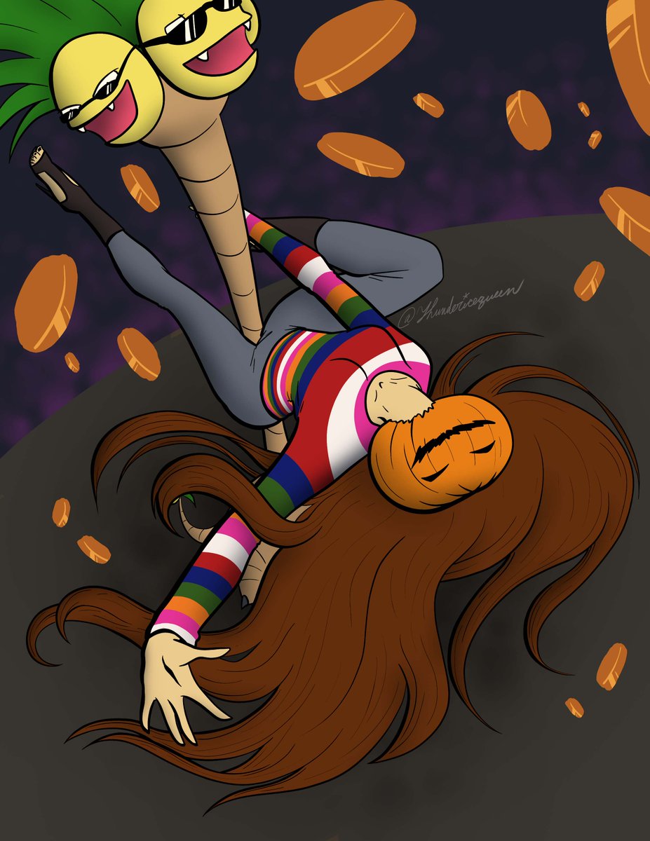 thundericequeen's tweet photo. I am part of the pumpkin patch! We love Pumpkin Spice :D Apparently artblock decided to clear up so I could draw Fuslie pole dancing on an exeggutor with a pumpkin on her head, I guess XD https://t.co/FWpUvrFzZb
