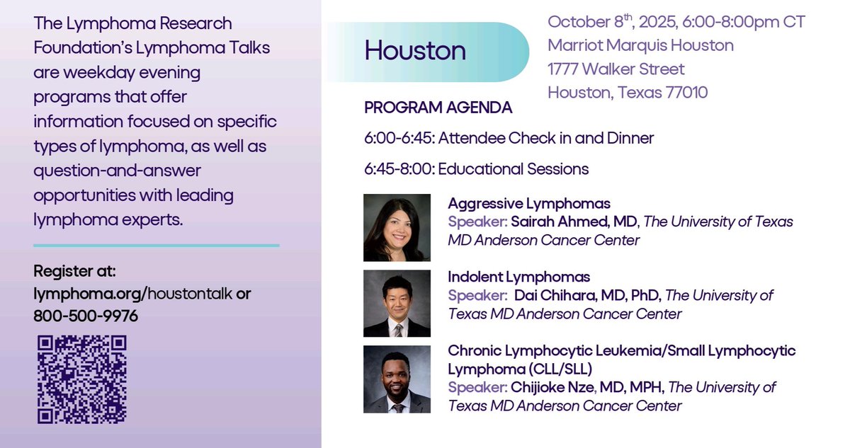 Join myself, <a href="/chijioke_nze/">Chijioke Nze MD, MPH</a> and <a href="/DChihara/">Dai Chihara</a> on 10/8/25 to talk about Lymphoma in Houston! Free education program for Lymphoma patients and their care partners.  <a href="/lymphoma/">Lymphoma Research Foundation</a> <a href="/MDAndersonNews/">MD Anderson Cancer Center</a> Lymphoma Talk: Houston - Campaign share.google/izLj3YLq3P7FYl…