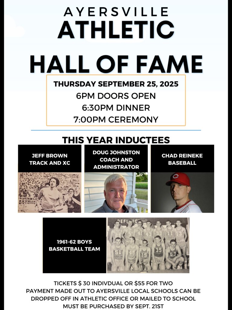 AyersvilleAD's tweet photo. 🚨 Ayersville Athletic Hall of Fame Induction – 2025 Class 🚨
🏆 Chad Reineke (Class of 2000)
🏆 Jeff Brown (Class of 1977) 
🏆 Coach Doug Johnston 
🏆 1961–62 Boys Basketball Team https://t.co/W5IZYEhRMV