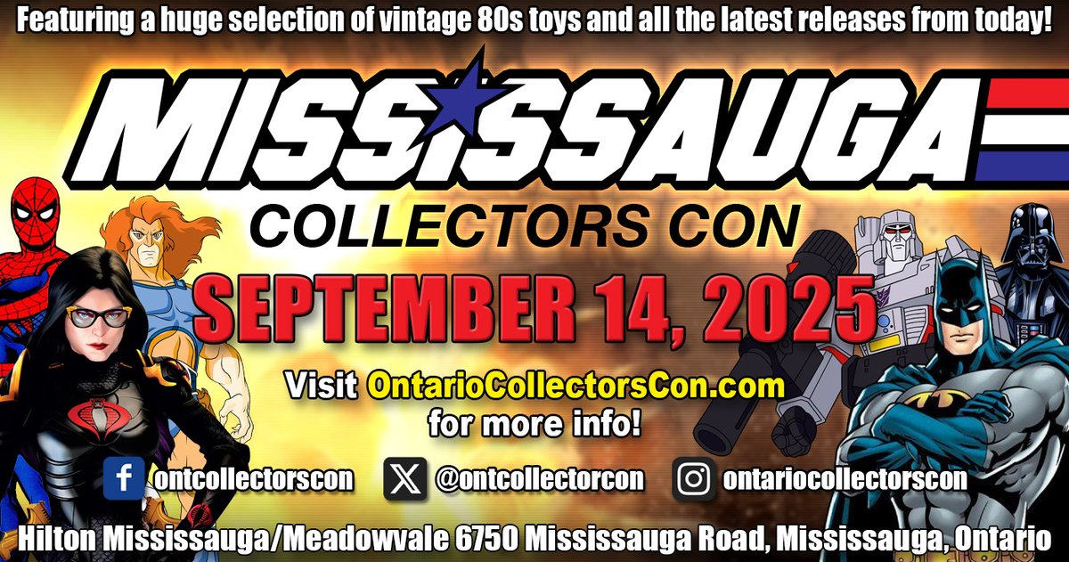 OntCollectorCon's tweet image. #MississaugaCollectorsCon returns THIS SUNDAY September 14 to the Hilton Mississauga/Meadowvale Hotel!

The show features a huge selection of vintage &amp;amp; modern Action Figures, Lego, Comic Books, Video Games, Pokemon, Funko &amp;amp; other collectibles.

Tickets at ontariocollectorscon.com