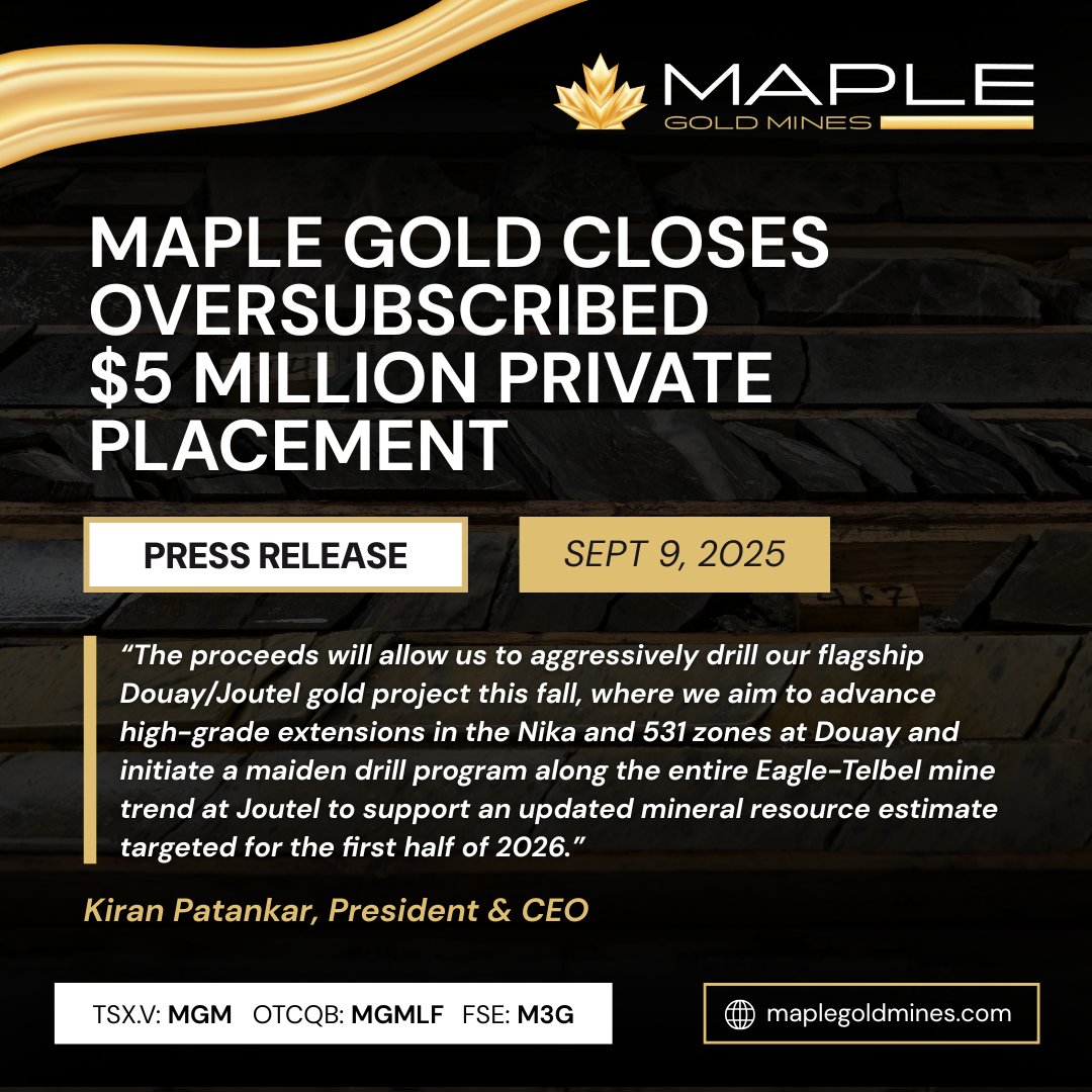 MapleGoldMines's tweet photo. Maple Gold Closes Oversubscribed $5 Million Private Placement

📰 🔗 https://t.co/M1h3EDjE0u

$MGM.v $MGMLF #Financing #MapleGold #JustDouayIt #Gold #Exploration #Abitibi #Quebec https://t.co/ZU2Ji4yZ28