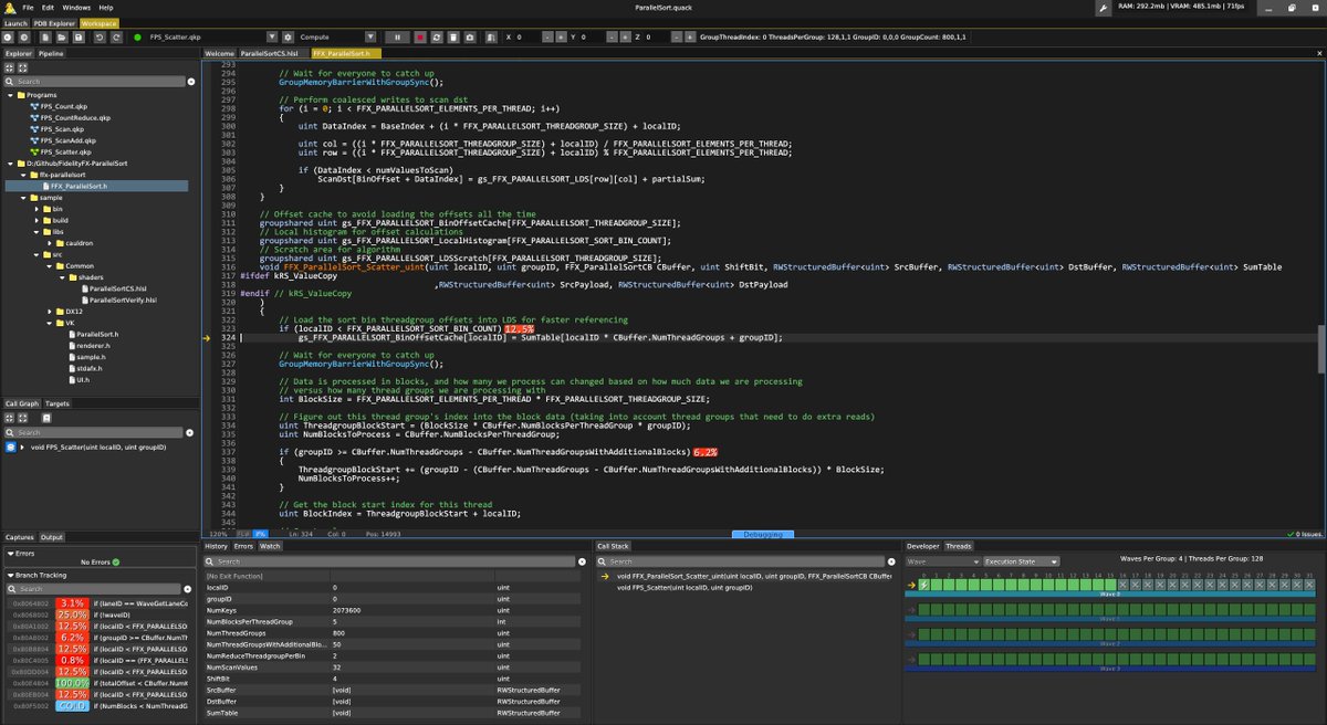 WIP a bit on the "threads" window so you can see which thread/wave of the group you are watching, and whether the other threads are active/inactive. Also allows fast switching between threads in the group. #quackdebugger