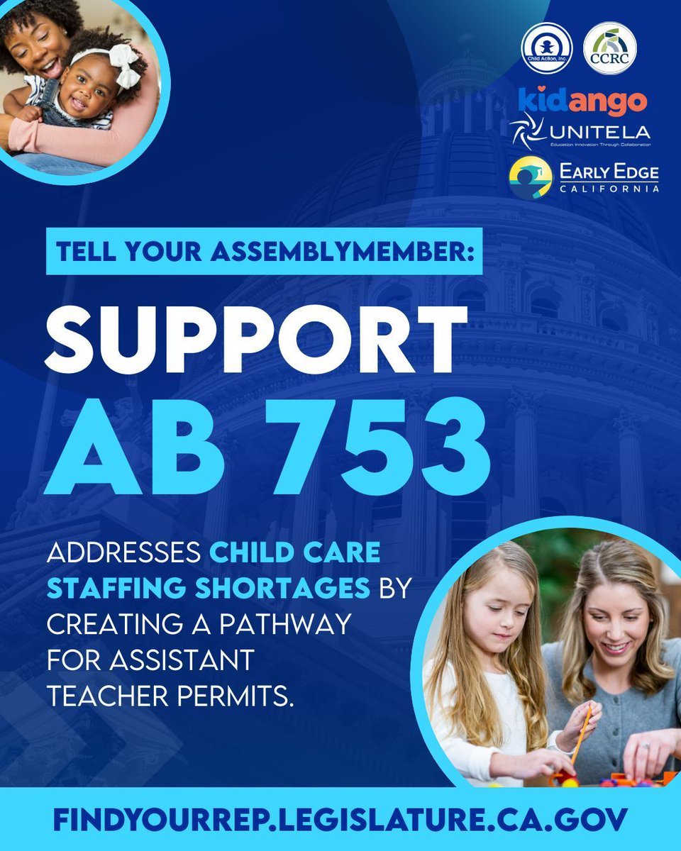 📣 Take action: urge your Assemblymember to support AB 753.

Families across CA are struggling to find child care—this bill tackles staffing shortages in Title 5 programs. AB 753 is headed to the Asm. Floor for a vote this week.

Find your Assemblymember > buff.ly/G2D0TJG