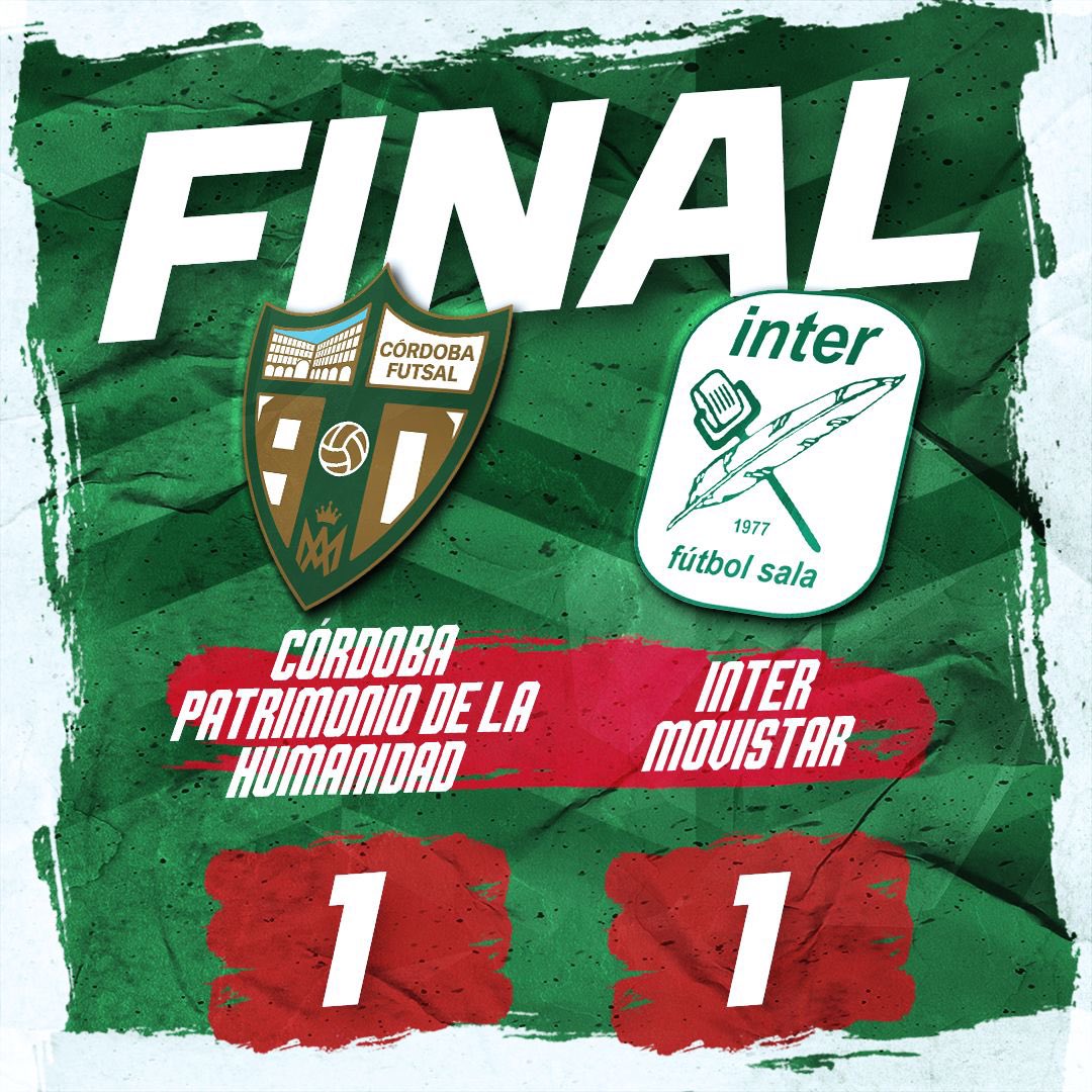 📣 40’. ¡¡FINAL EN VISITA ALEGRE!!

🏆 1ª División - Jornada 2

⚽️ Córdoba Patrimonio 1-1 <a href="/InterMovistar/">Movistar Inter FS</a> 

➡️ Injusto marcador a todas luces. Merecimos mucho más.

📆 El viernes (21:00 h) visitaremos al actual campeón de Europa, al <a href="/PalmaFutsal/">Illes Balears Palma Futsal</a>.

#CordobaInter #PrimeraDivisionFS