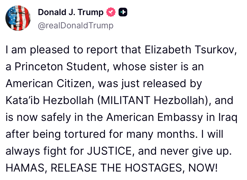 WhiteHouse's tweet image. &quot;I will always fight for JUSTICE, and never give up. HAMAS, RELEASE THE HOSTAGES, NOW!&quot; - President Donald J. Trump