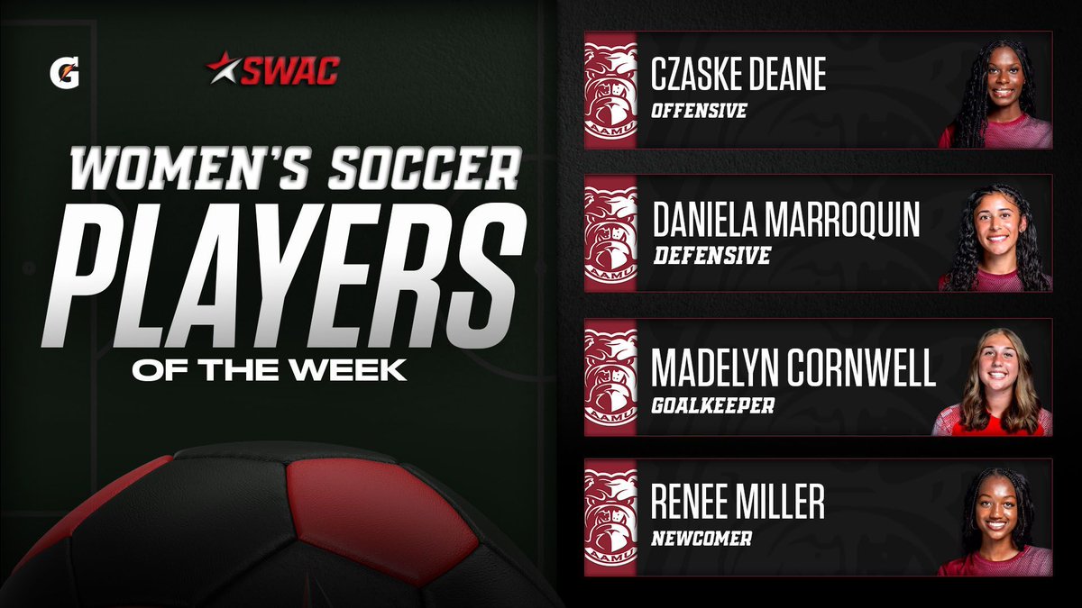 SWAC Women’s Soccer Players of the Week: Sep. 9

@gatorade

🐶 Czaske Deane, Offensive
🐶 Daniela Marroquin, Defensive
🐶 Madelyn Cornwell, Goalkeeper
🐶 Renee Miller, Newcomer

#SWACWSOC | #BuildingChampionsForLife