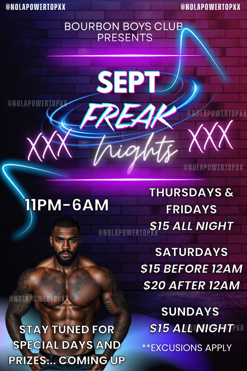 Bourbon Boys Club ๐ฅ๐๐ (@nolapowertopxx) on Twitter photo โ ๏ธ NOLA'S ONLY FREAK SPOT โ ๏ธ
September Sessions ๐ฅ
๐ Th 9/11
๐๏ธ F 9/12
๐ Sa 9/13
๐๏ธ Th 9/18
๐๏ธ Fr 9/19
๐ Sa 9/20
๐๏ธ Th 9/25
๐๏ธ F 9/26
๐ Sa 9/27
๐๏ธ Sun 9/28
โฐ๏ธ 11P-4A
โ
๏ธDL๐ช๐พ
โ
๏ธ420๐
โ
๏ธโซ๏ธ Room ๐๏ธ
โ
๏ธSpacious ๐ก
Supplies ๐๏ธ
๐ฑ504-494-5835
๐70119
๐ฒ1๏ธโฃ5๏ธโฃโ๏ธ โ ๏ธ NOLA'S ONLY FREAK SPOT โ ๏ธ
September Sessions ๐ฅ
๐ Th 9/11
๐๏ธ F 9/12
๐ Sa 9/13
๐๏ธ Th 9/18
๐๏ธ Fr 9/19
๐ Sa 9/20
๐๏ธ Th 9/25
๐๏ธ F 9/26
๐ Sa 9/27
๐๏ธ Sun 9/28
โฐ๏ธ 11P-4A
โ
๏ธDL๐ช๐พ
โ
๏ธ420๐
โ
๏ธโซ๏ธ Room ๐๏ธ
โ
๏ธSpacious ๐ก
Supplies ๐๏ธ
๐ฑ504-494-5835
๐70119
๐ฒ1๏ธโฃ5๏ธโฃโ๏ธ