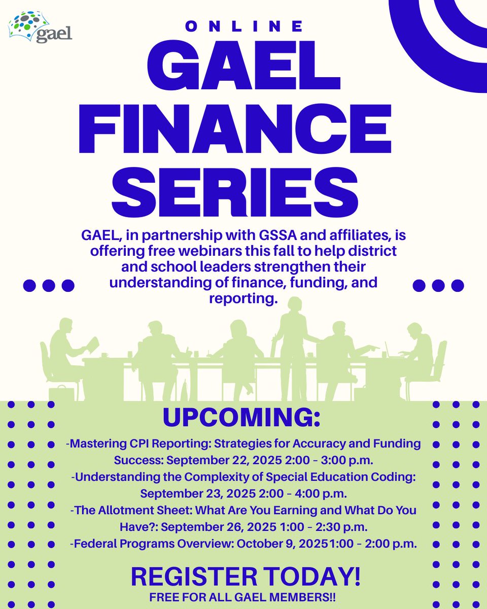 📊 School finance made simple! Join GAEL’s FREE Fall Finance Webinar Series &amp; learn from Georgia’s top leaders. Starts Sept. 22!