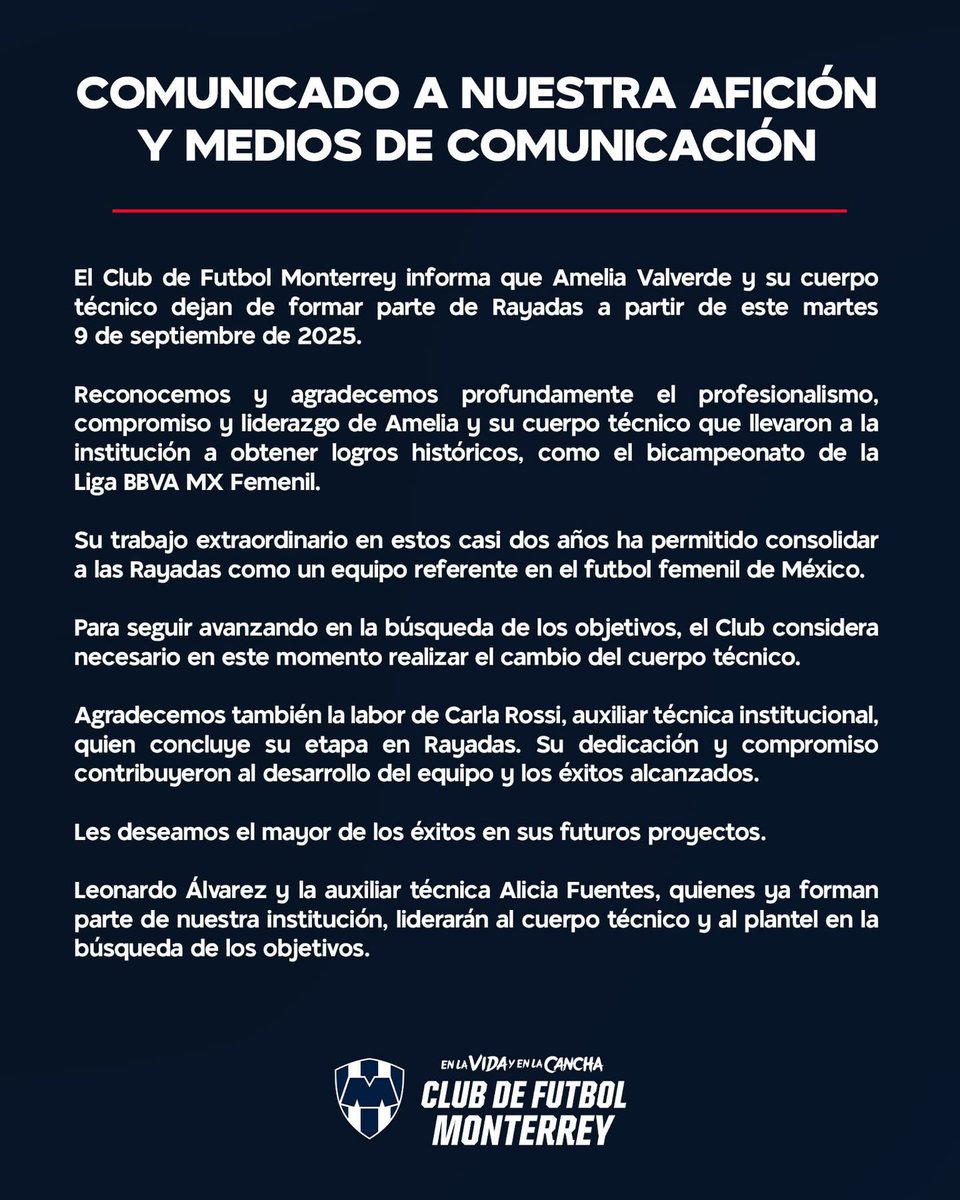El sucesor de Amelia… Leonardo Álvarez será el DT de #Rayadas y lo acompañará Alicia Fuentes como auxiliar.

Àlvarez era DT en Fuerzas Básicas del club.