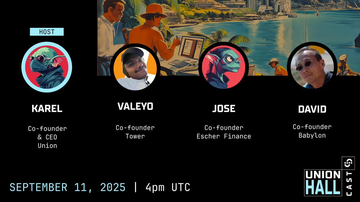 union_build's tweet image. The Union Hall Cast returns this Thursday, hosted by @0xkaiserkarel.

Guests:
@valeyo777 | @Tower
@0xChaosJose | @escher_fi
@dntse | @babylonlabs_io

See you there &amp;amp; don’t forget to subscribe ↓
youtube.com/watch?v=8AnyT1…