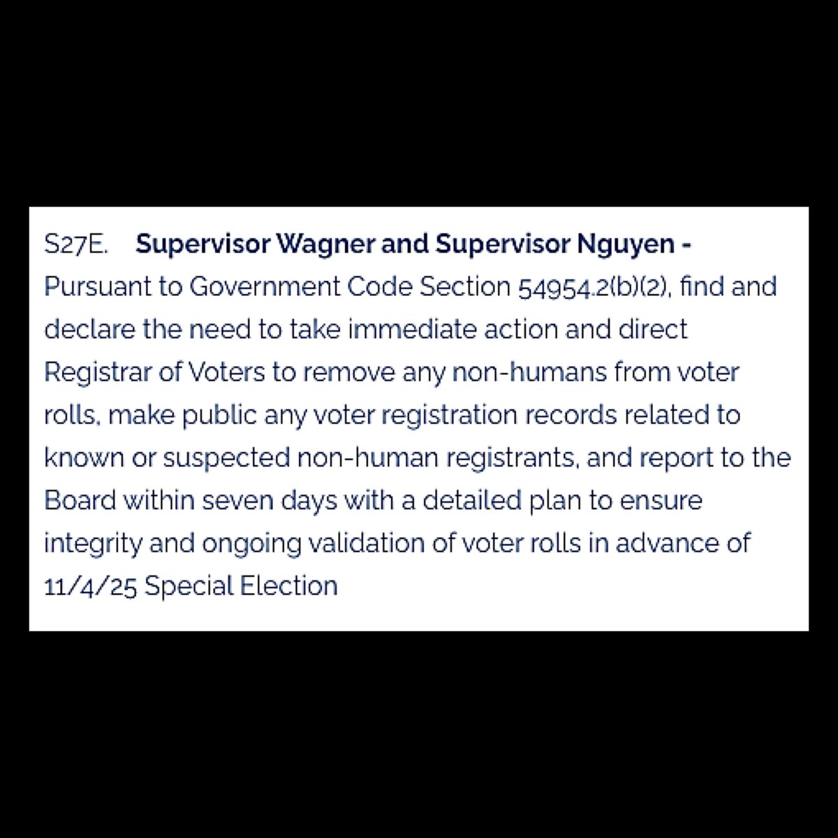 OC Republicans (@ocgop) on Twitter photo Today, Orange County Supervisors Don Wagner and Janet Nguyen asked their colleagues to agendize an item directing the O.C. Registrar of Voters to remove any non-humans from the voter rolls.  This was in response to news confirming that a dog had voted here in Orange County. Today, Orange County Supervisors Don Wagner and Janet Nguyen asked their colleagues to agendize an item directing the O.C. Registrar of Voters to remove any non-humans from the voter rolls.  This was in response to news confirming that a dog had voted here in Orange County.