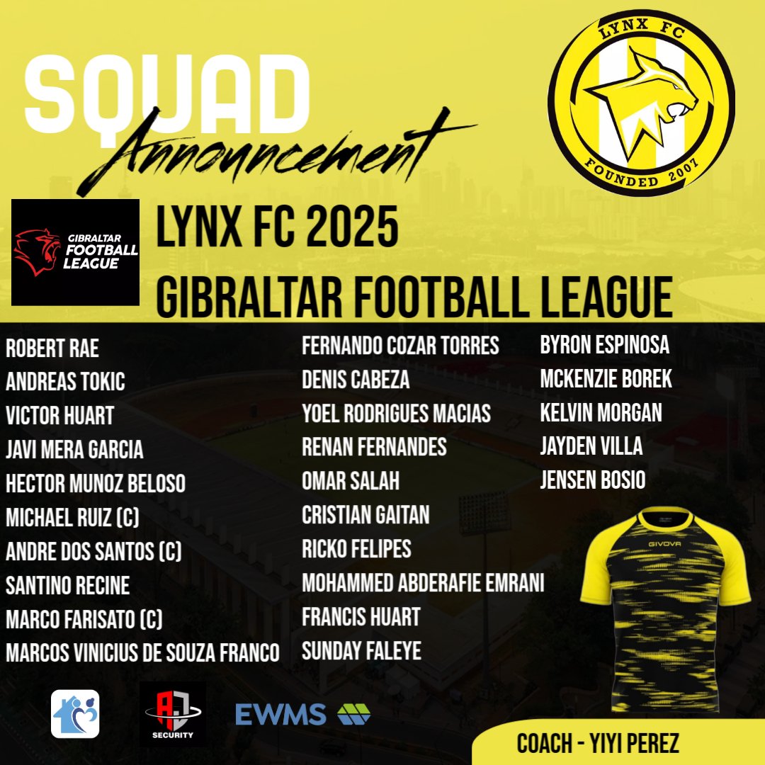 LYNX FC💛⚽️

Our FULL squad list for the season 25/26.

Our main sponsor is EWMS💪🏻

#weliveforever
#onefamily
#lynxfc #lynxfootball #squadlist #season #football #gibraltar