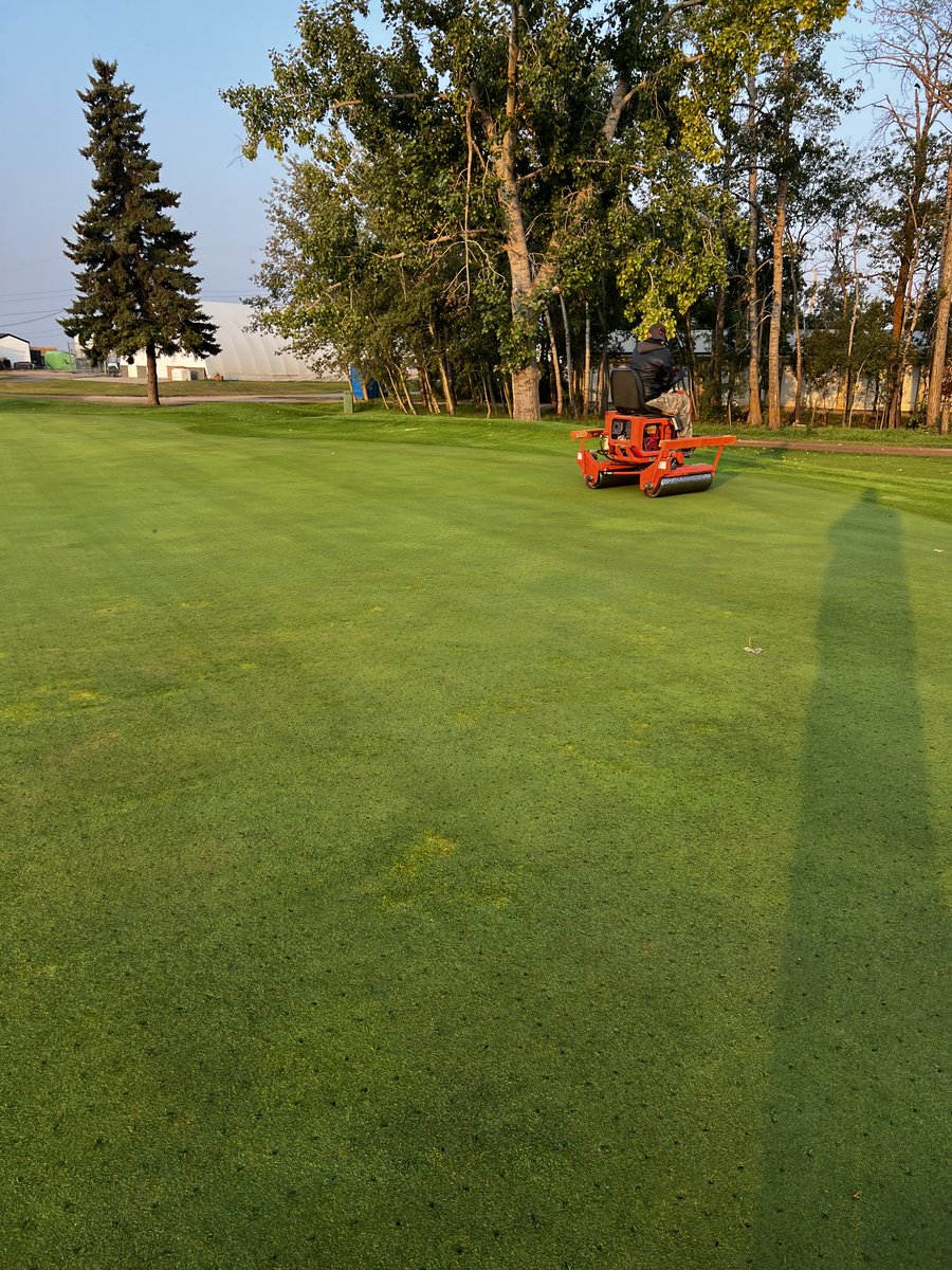 camp100269's tweet photo. Busy day, greens 10-18 aerated, rolled, top dressed, brushed then watered in https://t.co/f0N0iWu0Xu